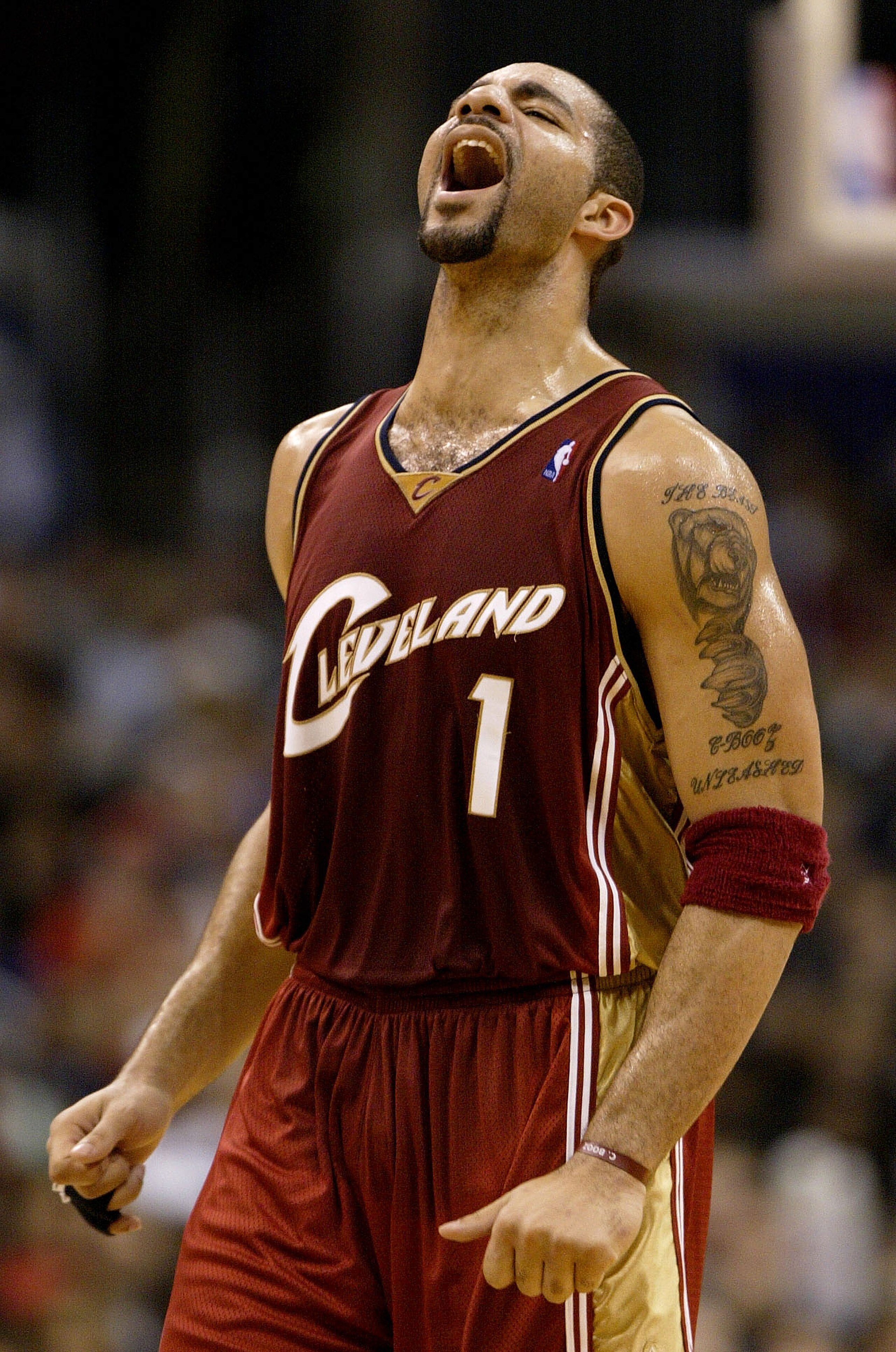 LOS ANGELES - DECEMBER 3:  Carlos Boozer #1 of the Cleveland Cavaliers reacts to a play during the game against the Los Angeles Clippers on December 3, 2003 at Staples Center in Los Angeles, California. NOTE TO USER: User expressly acknowledges and agrees
