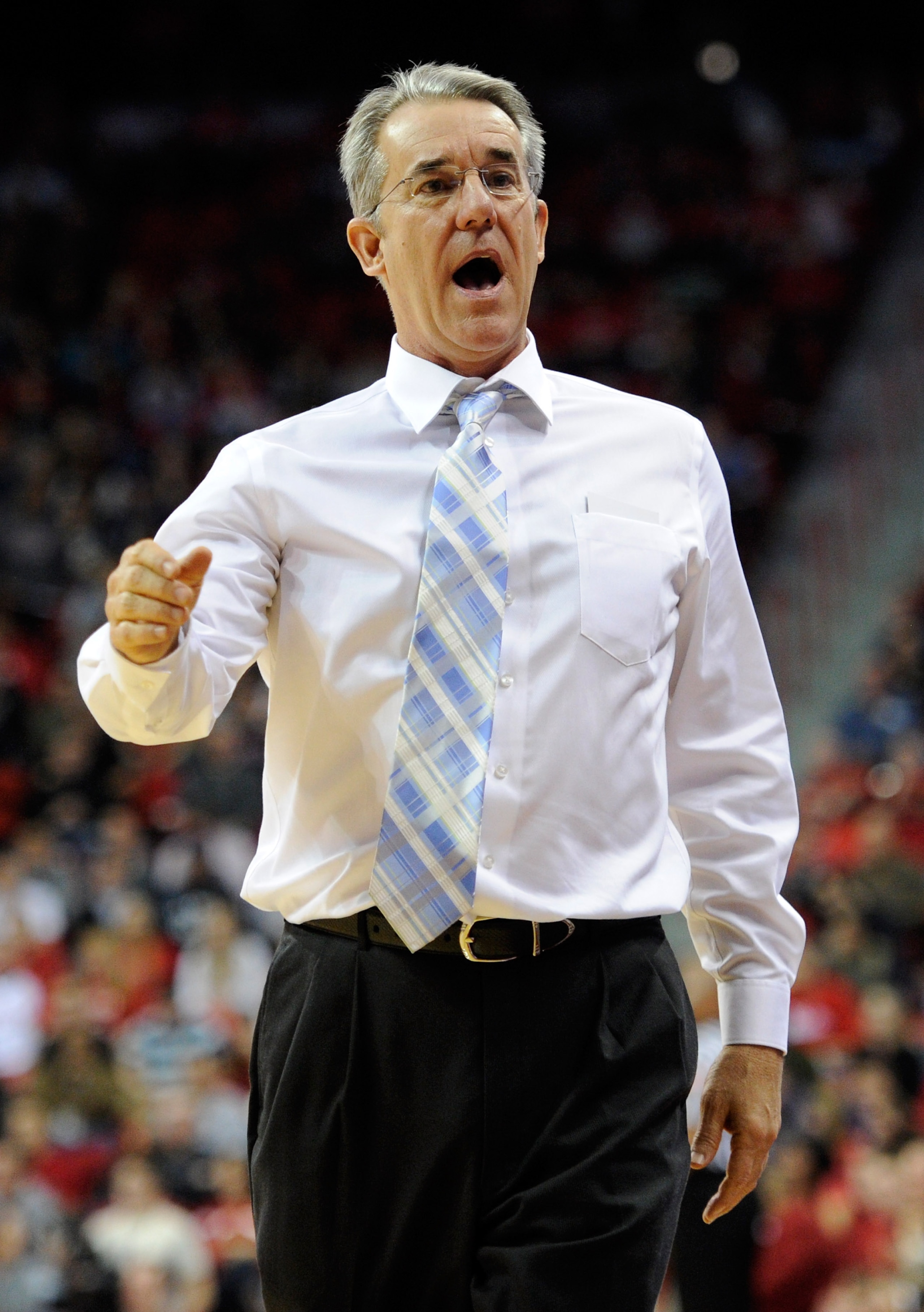 LAS VEGAS, NV - DECEMBER 15:  Head coach Bob Williams of the UC Santa Barbara Gauchos talks to players on his bench during their game against the UNLV Rebels at the Thomas & Mack Center December 15, 2010 in Las Vegas, Nevada. UC Santa Barbara won 68-62.