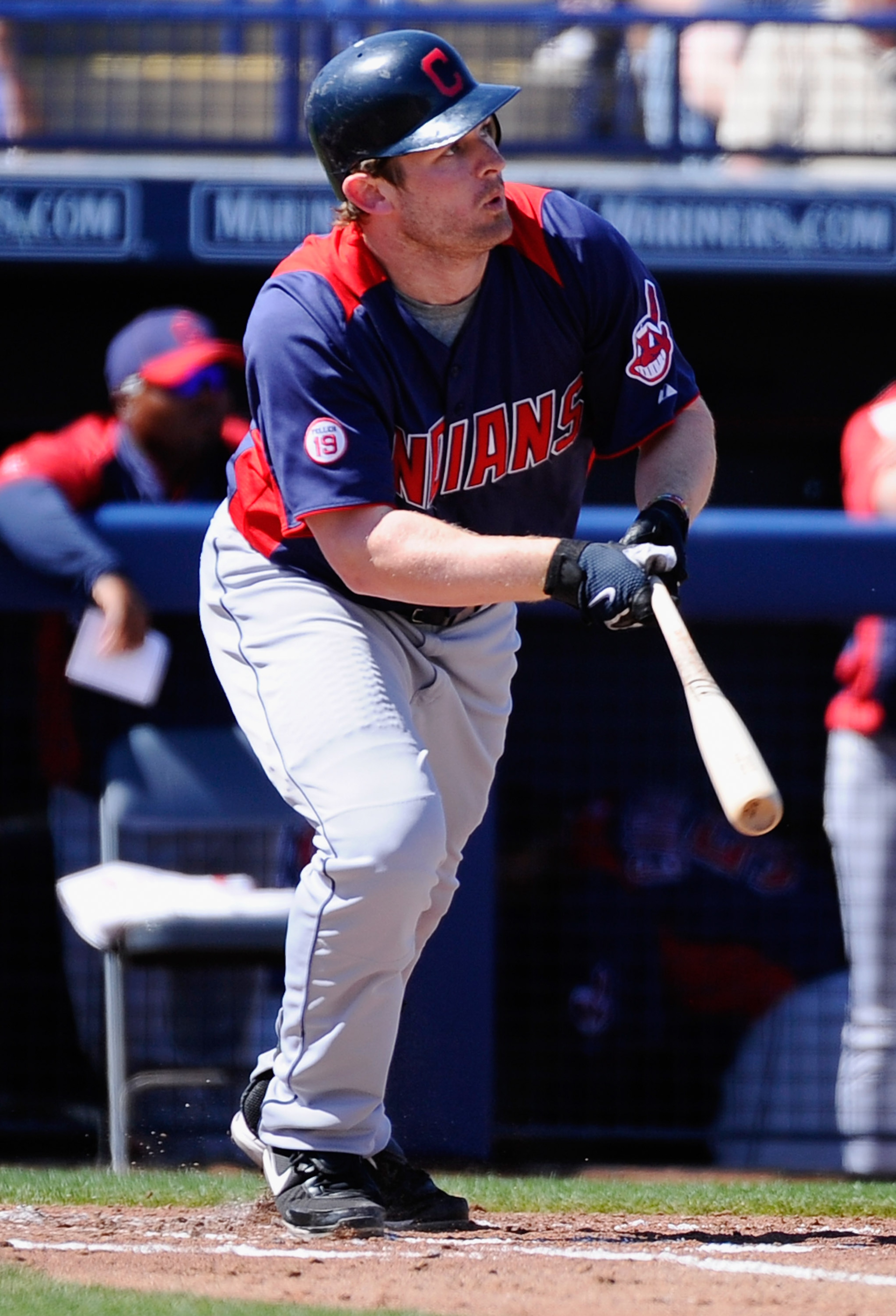PEORIA, AZ - MARCH 13: Austin Kearns #26 of the Cleveland Indians hits a double against the San Diego Padres during the second inning of the spring training baseball game at Peoria Stadium on March 13, 2011 in Peoria, Arizona. (Photo by Kevork Djansezia PEORIA, AZ - MARCH 13: Austin Kearns #26 of the Cleveland Indians hits a double against the San Diego Padres during the second inning of the spring training baseball game at Peoria Stadium on March 13, 2011 in Peoria, Arizona. (Photo by Kevork Djansezia
