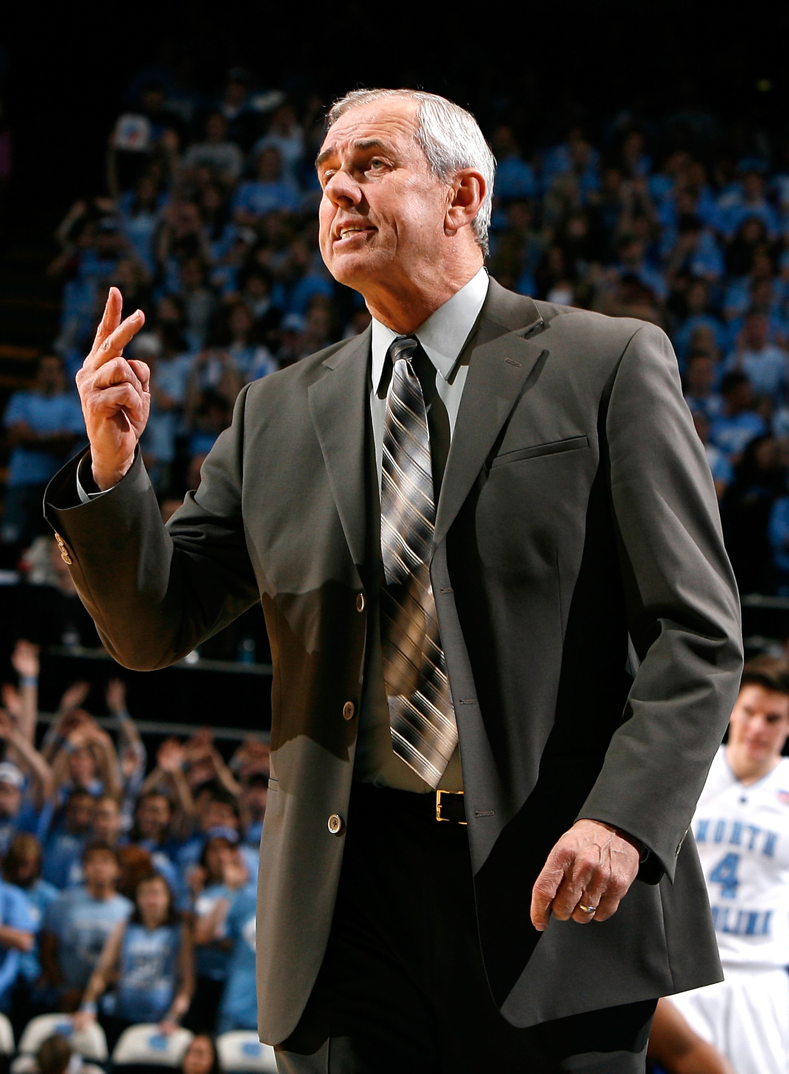 CHAPEL HILL, NC - NOVEMBER 30:  Head coach Eddie Biedenbach of the UNC Asheville Bulldogs argues with an official during the game against the North Carolina Tar Heels at the Dean E. Smith Center on November 30, 2008 in Chapel Hill, North Carolina.  (Photo