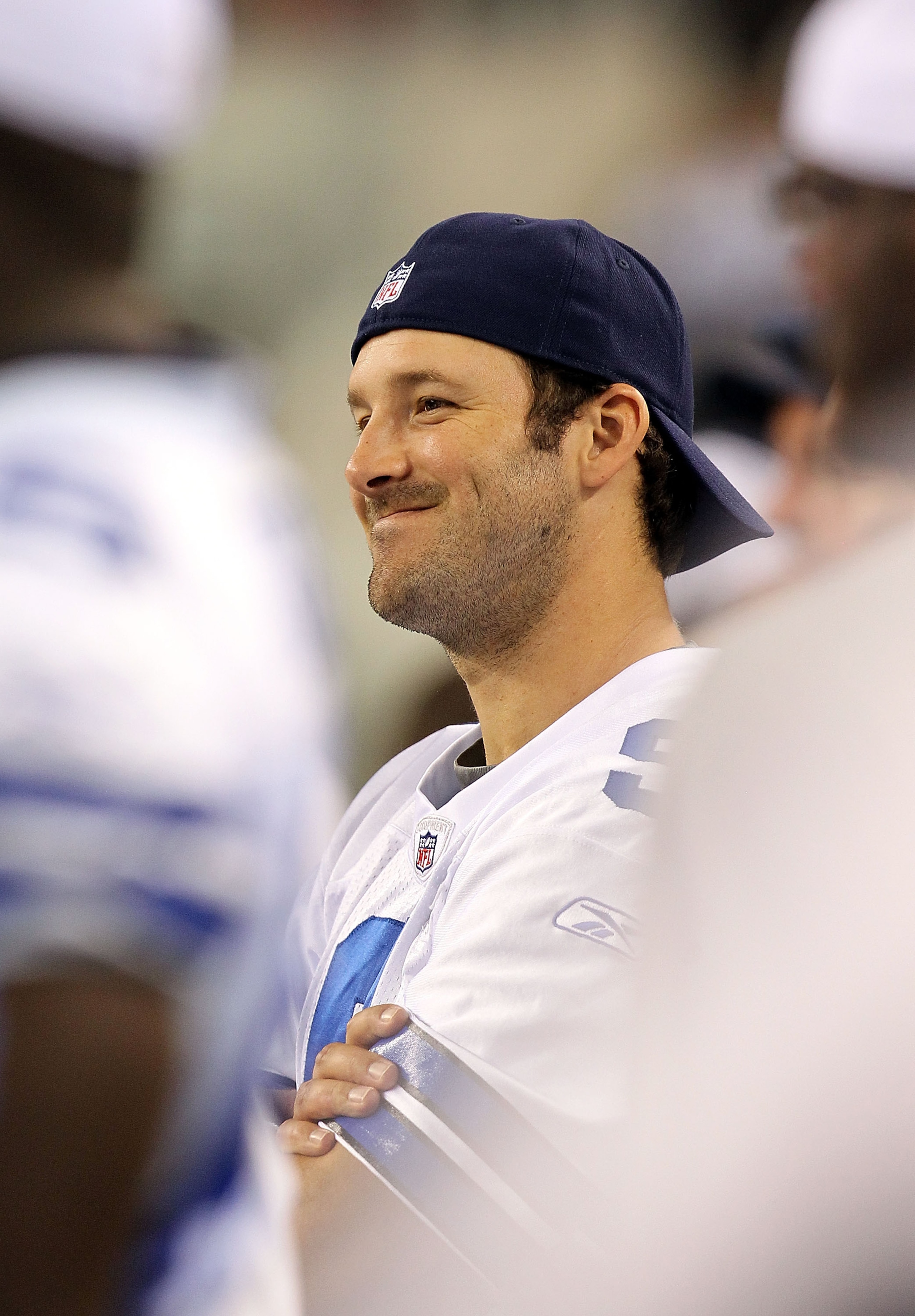 ARLINGTON, TX - SEPTEMBER 02:  Quarterback Tony Romo #9 of the Dallas Cowboys on the sidelines during a preseason game against the Miami Dolphins at Cowboys Stadium on September 2, 2010 in Arlington, Texas.  (Photo by Ronald Martinez/Getty Images)