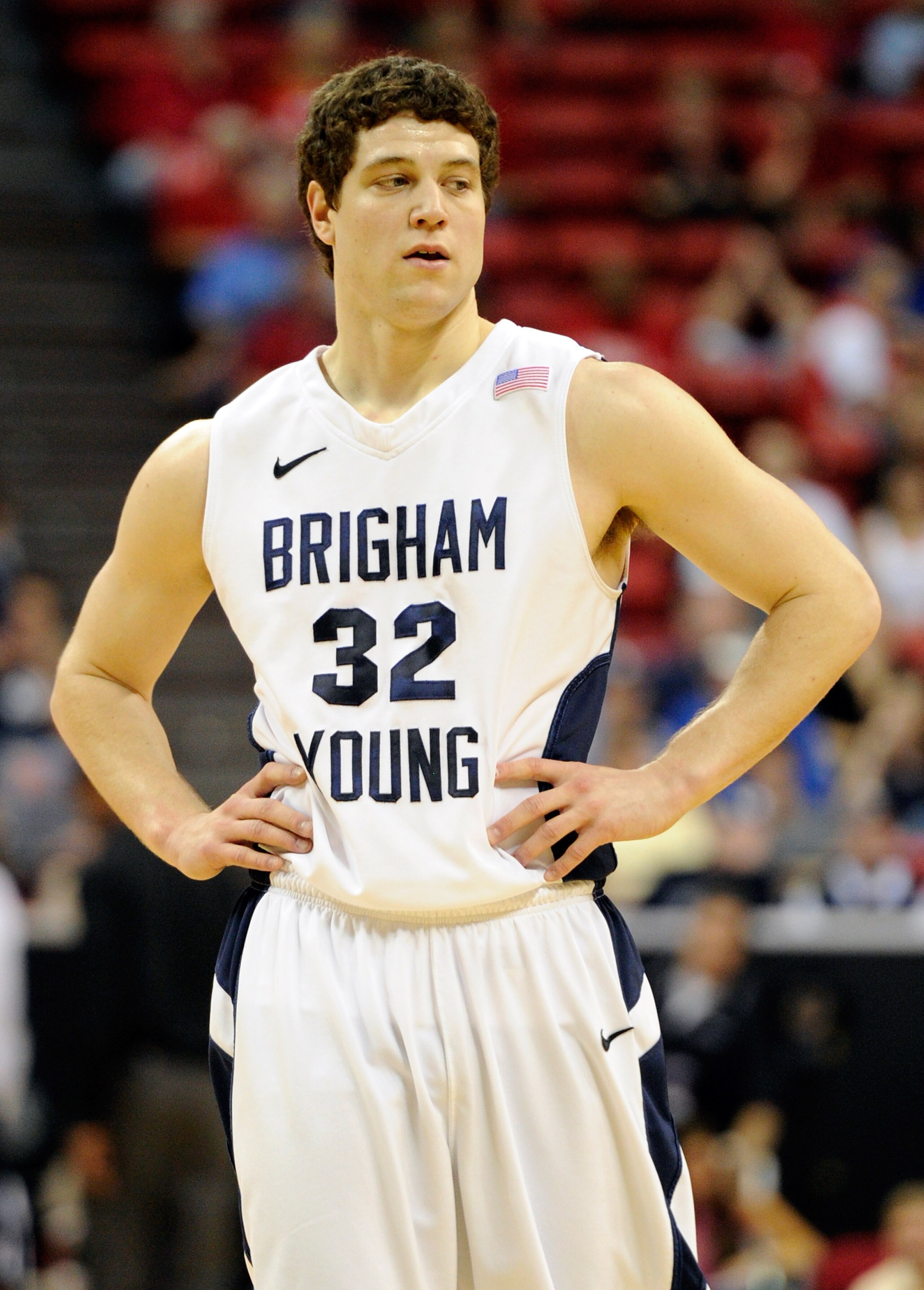 LAS VEGAS, NV - MARCH 10:  Jimmer Fredette #32 of the Brigham Young University Cougars appears on the court during a quarterfinal game of the Conoco Mountain West Conference Basketball tournament against the Texas Christian University Horned Frogs at the
