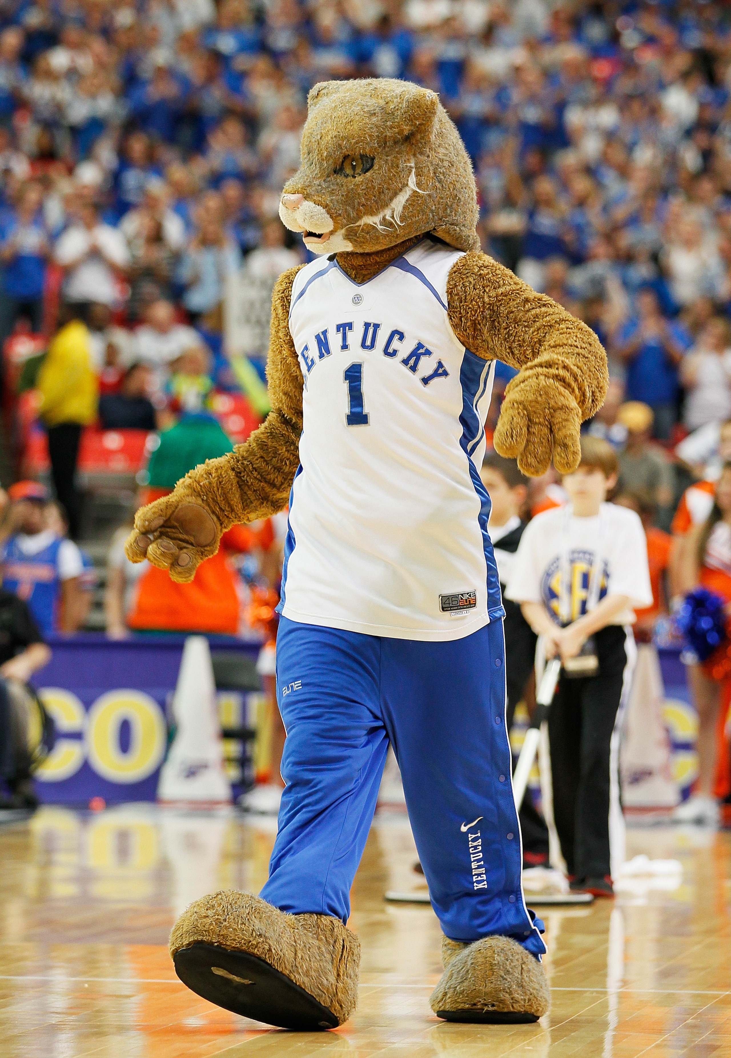 ATLANTA, GA - MARCH 13:  The Wildcat, mascot for the Kentucky Wildcats, performs their 70 to 54 win over the Florida Gators in the championship game of the SEC Men's Basketball Tournament at Georgia Dome on March 13, 2011 in Atlanta, Georgia.  (Photo by K