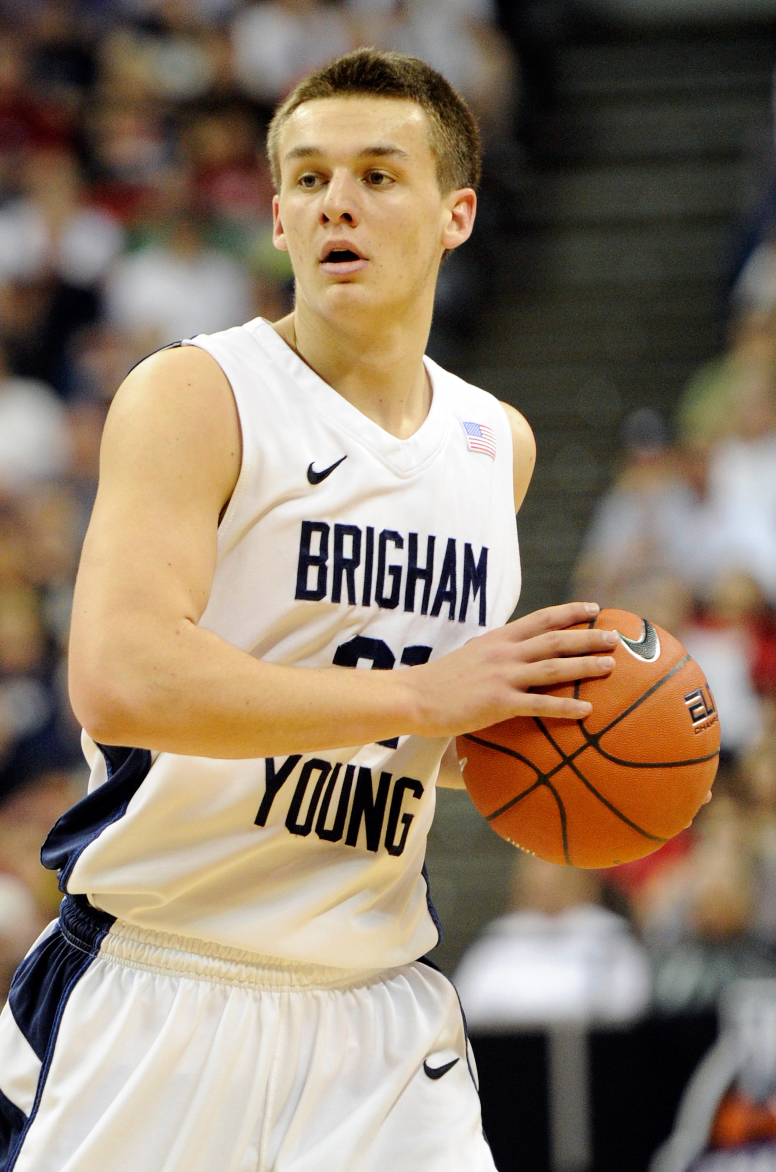 LAS VEGAS, NV - MARCH 12:  Kyle Collinsworth #31 of the Brigham Young University Cougars looks to pass the ball during the championship game of the Conoco Mountain West Conference Basketball tournament against the San Diego State Aztecs at the Thomas & Ma