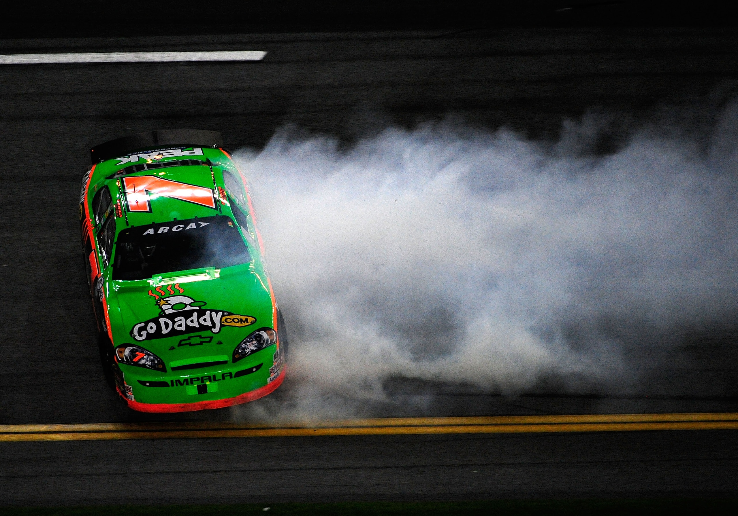 DAYTONA BEACH, FL - FEBRUARY 06:  Danica Patrick #7 loses control of her car during the ARCA Racing Series Lucas Oil Slick Mist 200 at Daytona International Speedway on February 6, 2010 in Daytona Beach, Florida.  (Photo by Sam Greenwood/Getty Images)