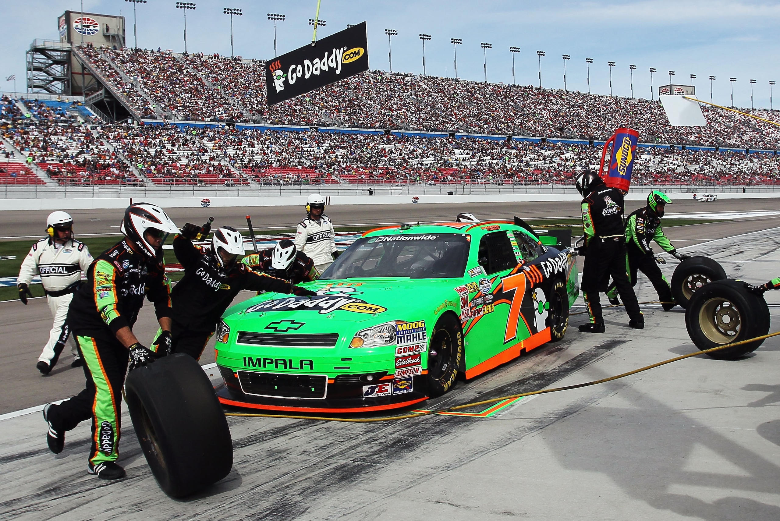 LAS VEGAS, NV - MARCH 05:  Danica Patrick, driver of the #7 GoDaddy.com Chevrolet, pits during the NASCAR Nationwide Series Sam's Town 300 at Las Vegas Motor Speedway on March 5, 2011 in Las Vegas, Nevada.  (Photo by Jeff Gross/Getty Images)