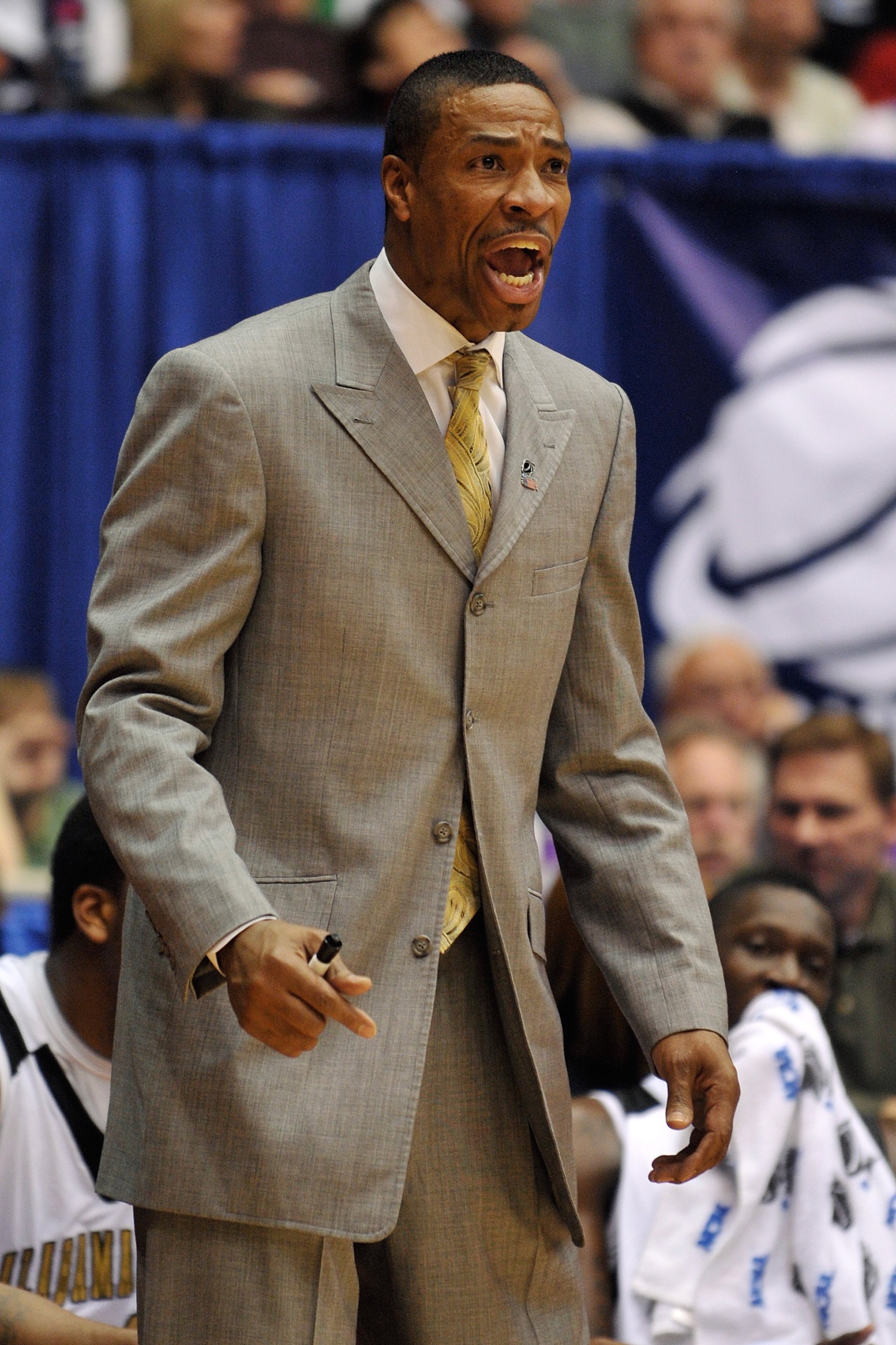 DAYTON, OH - MARCH 17: Head coach Lewis Jackson of the Alabama State Hornets shouts instructions to his team against the Morehead State Eagles during the opening round of the Men's NCAA Tournament on March 17, 2009 at the University of Dayton Arena in Day