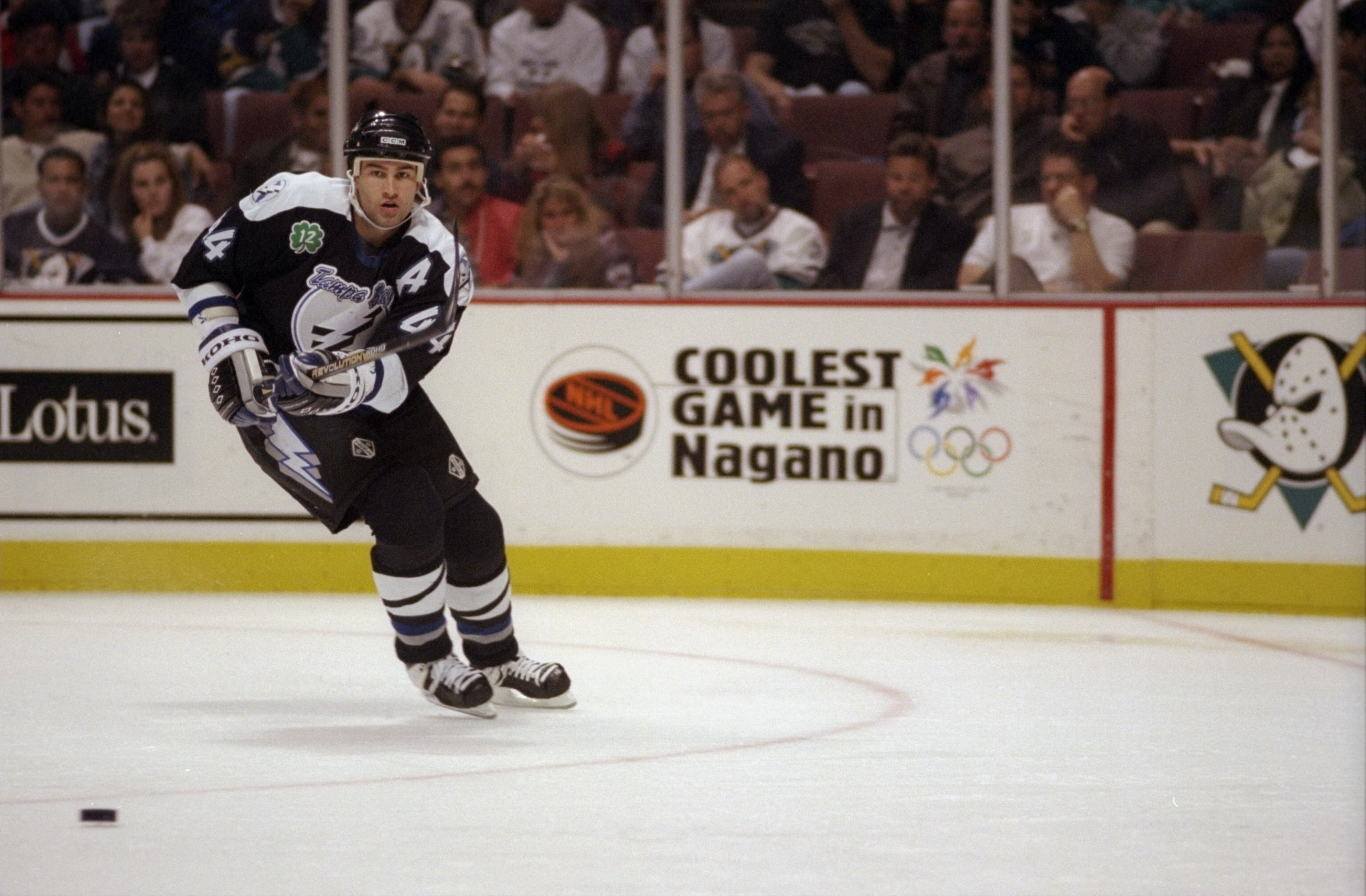 5 Nov 1997:  Defenseman Roman Hamrlik of the Tampa Bay Lightning in action against the Anaheim Mighty Ducks during a game at Arrowhead Pond in Anaheim, California.  The Ducks defeated the Lightning 5-2. Mandatory Credit: Elsa Hasch  /Allsport