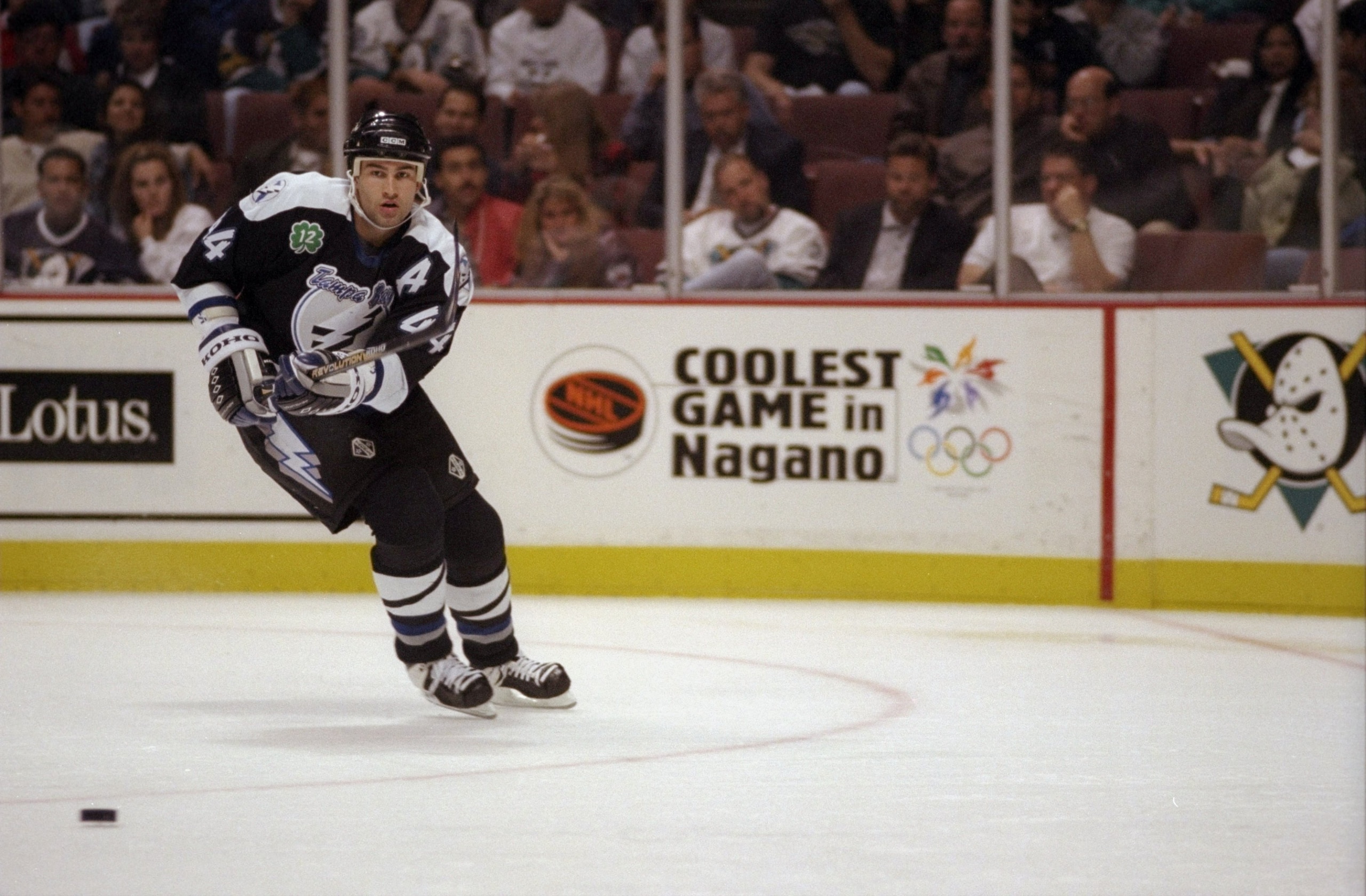 5 Nov 1997:  Defenseman Roman Hamrlik of the Tampa Bay Lightning in action against the Anaheim Mighty Ducks during a game at Arrowhead Pond in Anaheim, California.  The Ducks defeated the Lightning 5-2. Mandatory Credit: Elsa Hasch  /Allsport