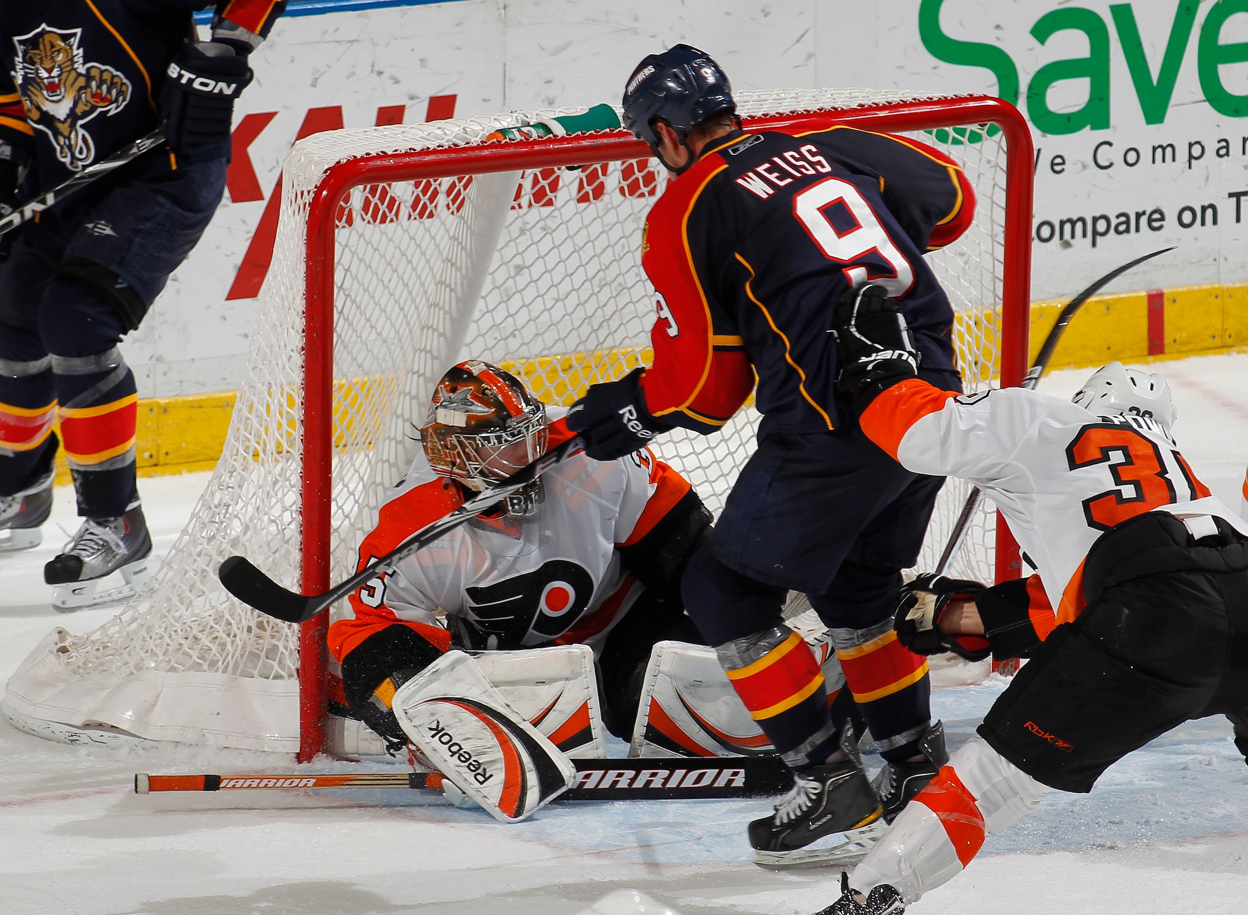 SUNRISE, FL - FEBRUARY 16: Goaltender Sergei Bobrovsky #35 of the Philadelphia Flyers stops a late third period attempt by Stephen Weiss #9 of the Florida Panthers on February 16, 2011 at the BankAtlantic Center in Sunrise, Florida. The Flyers defeated th