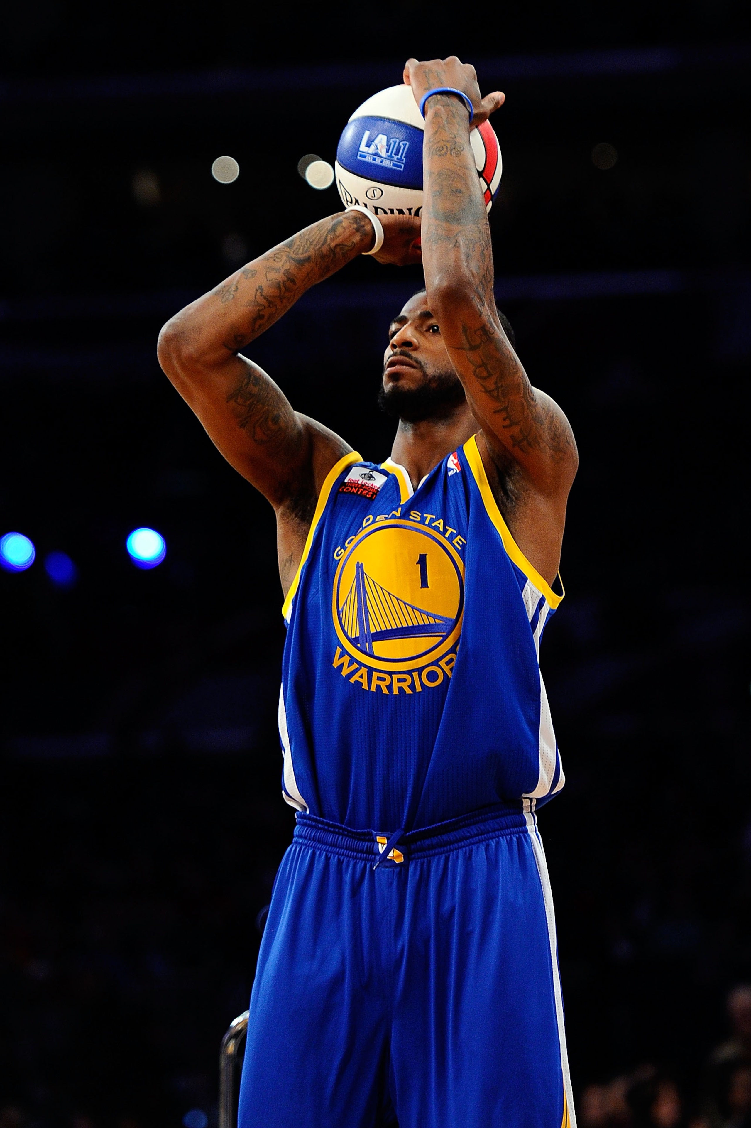 LOS ANGELES, CA - FEBRUARY 19:  Dorell Wright #1 of the Golden State Warriors competes in the Foot Locker Three-Point Contest apart of NBA All-Star Saturday Night at Staples Center on February 19, 2011 in Los Angeles, California.  (Photo by Kevork Djansez