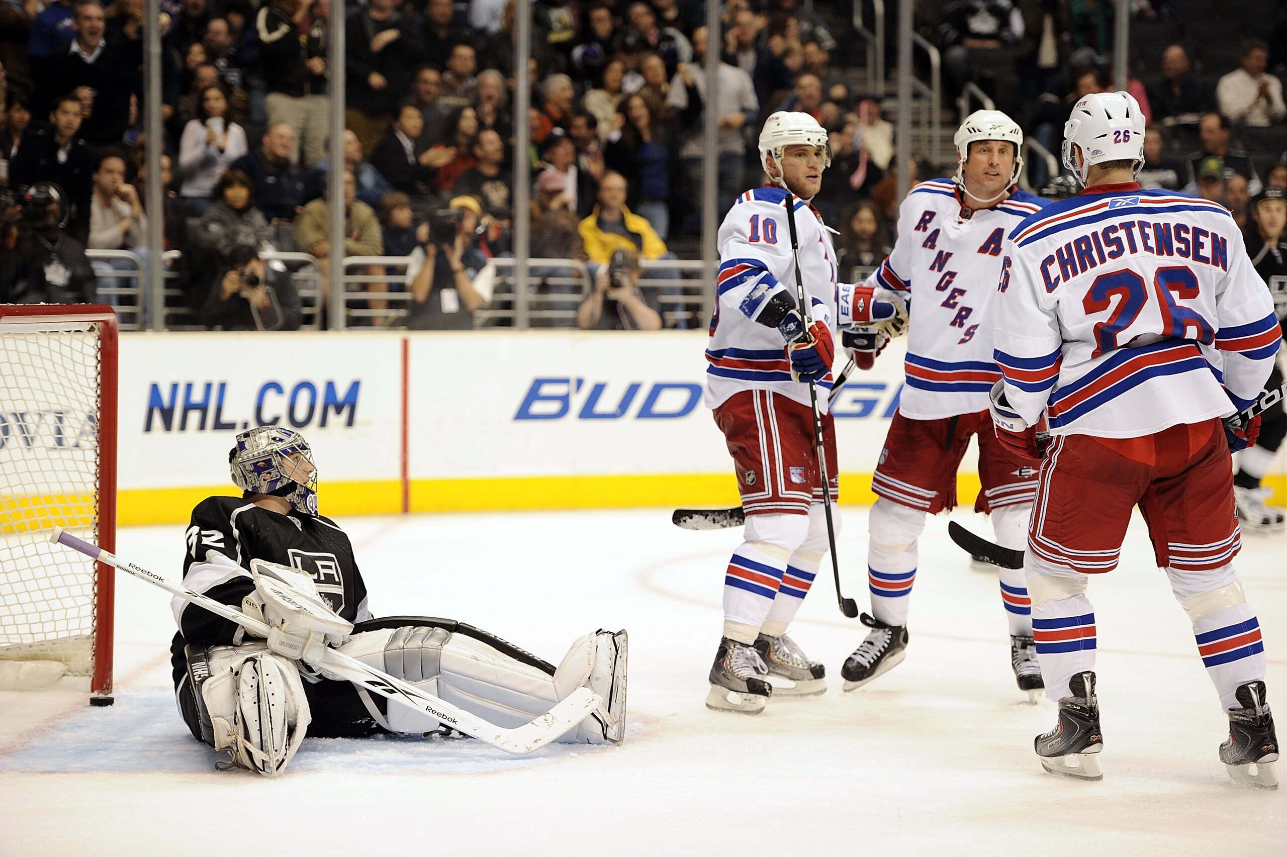 LOS ANGELES, CA - FEBRUARY 02:  Marian Gaborik #10 of the New York Rangers celebrates his goal with Vinny Prospal #20 and Erik Christensen #26 in front of Jonathan Quick #32 of the Los Angeles Kings during the third period at the Staples Center on Februar