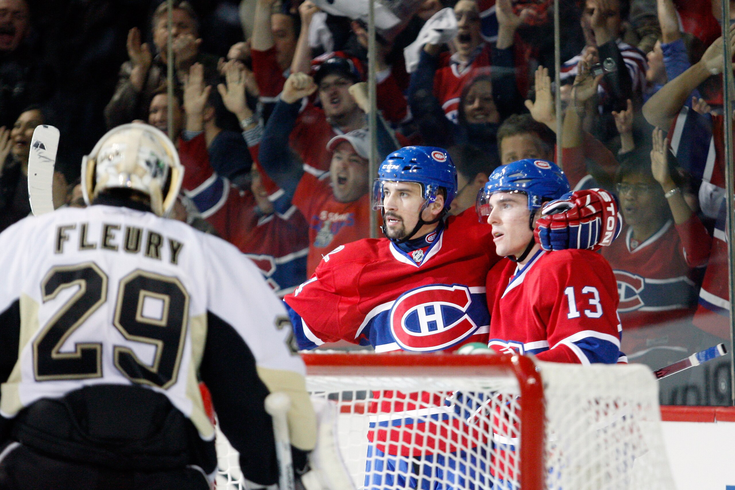 MONTREAL- MAY 10:  Mike Cammalleri #13 of the Montreal Canadiens celebrates his second-period goal with teammate Tomas Plekanec #14 in Game Six of the Eastern Conference Semifinals against the Pittsburgh Penguins  during the 2010 NHL Stanley Cup Playoffs