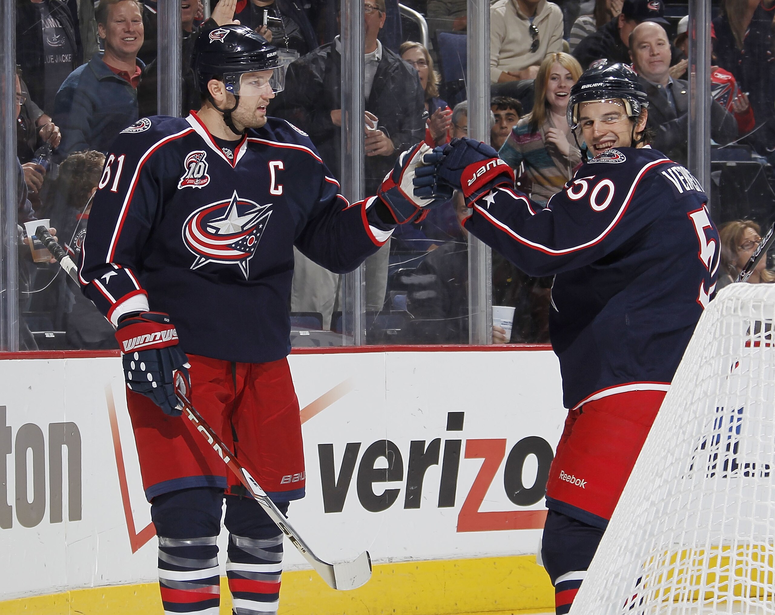 COLUMBUS, OH - OCTOBER 20: Rick Nash #61 of the Columbus Blue Jackets is congratulated by Antoine Vermette #50 after a second period goal against the Anaheim Ducks on October 20, 2010 at Nationwide Arena in Columbus, Ohio.  (Photo by Gregory Shamus/Getty
