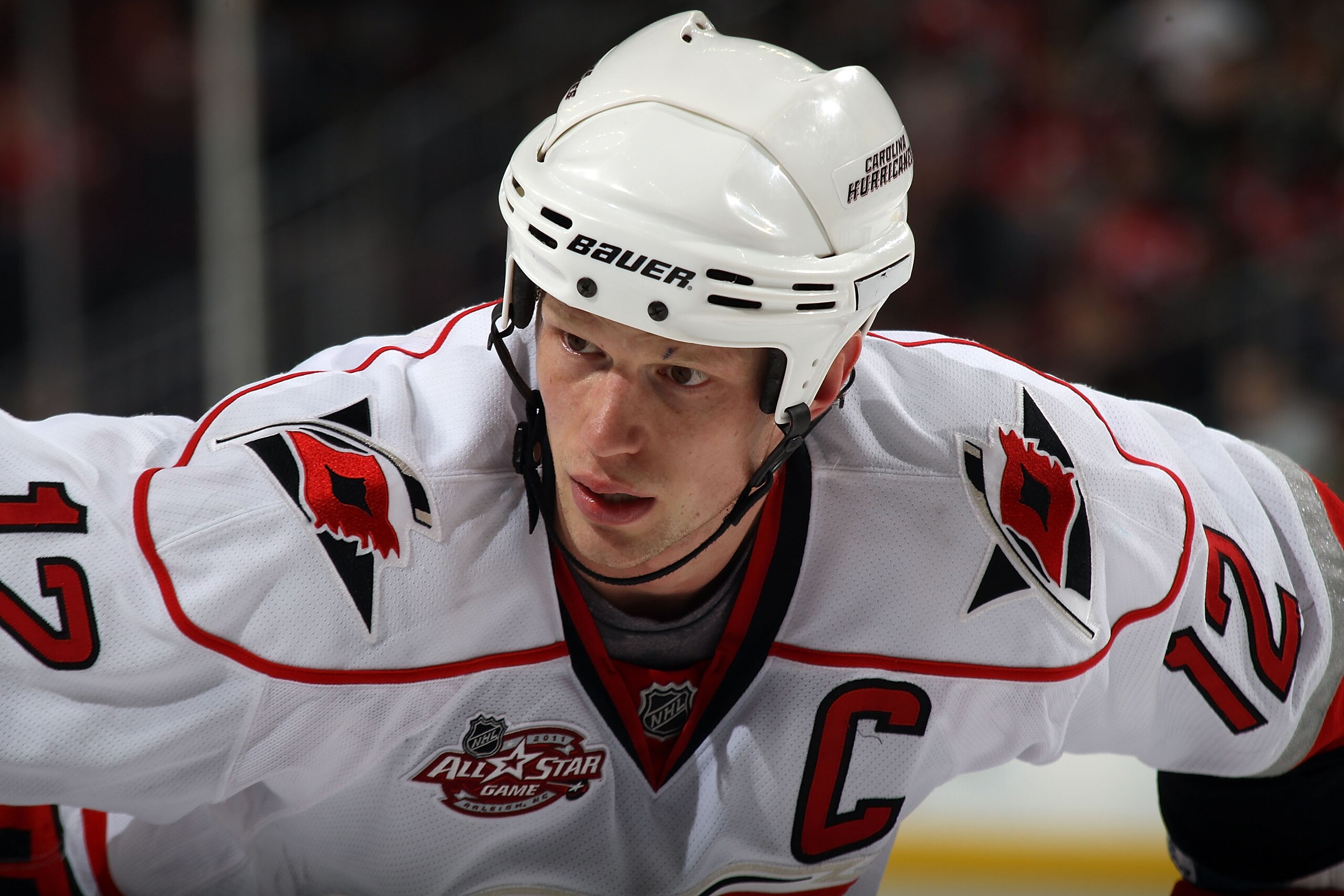 NEWARK, NJ - FEBRUARY 16:  Eric Staal #12 of the Carolina Hurricanes skates against the New Jersey Devils at the Prudential Center on February 16, 2011 in Newark, New Jersey.  (Photo by Bruce Bennett/Getty Images)