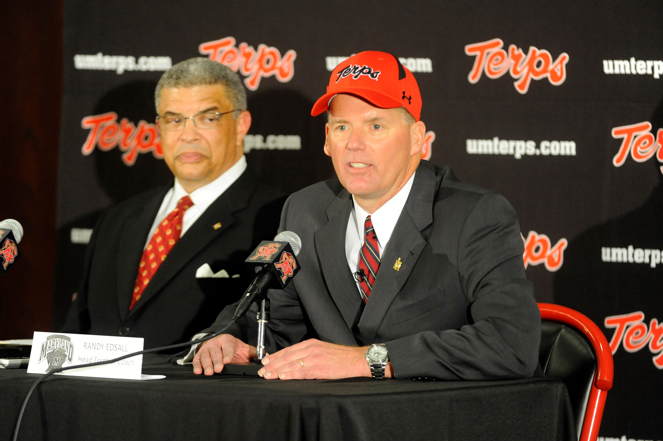 COLLEGE PARK, MD - JANUARY 3:  Randy Edsall speaks as he is introduced as the University of Maryland Terps new head football coach as Athletic Director Kevin Anderson (L) of the University of Maryland looks on during a press conference on January 3, 2011