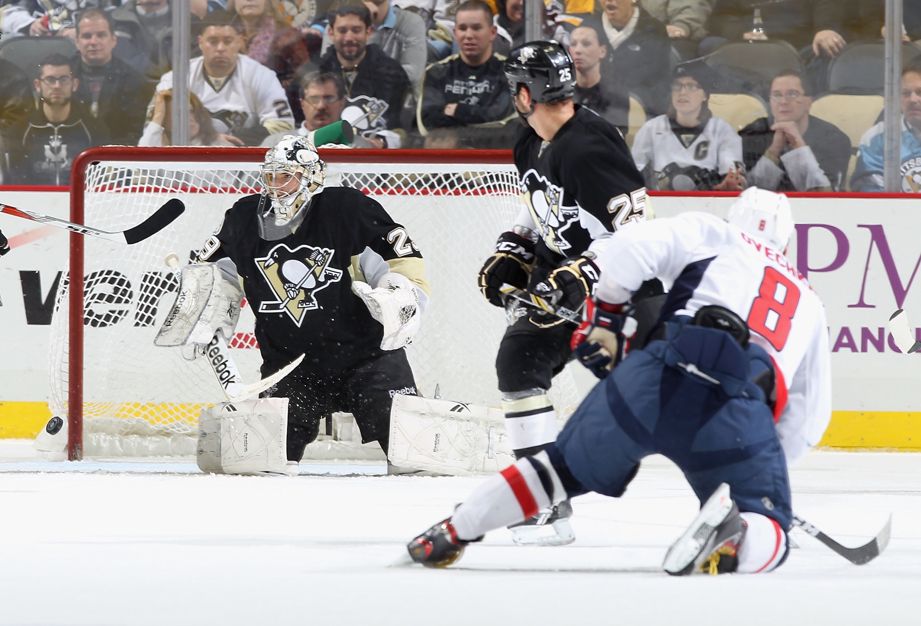 PITTSBURGH, PA - FEBRUARY 21:  Goaltender Marc-Andre Fleury #29 of the Pittsburgh Penguins reacts after Alex Ovechkin #8 of the Washington Capitals scored a second period power play goal during the NHL game at Consol Energy Center on February 21, 2011 in