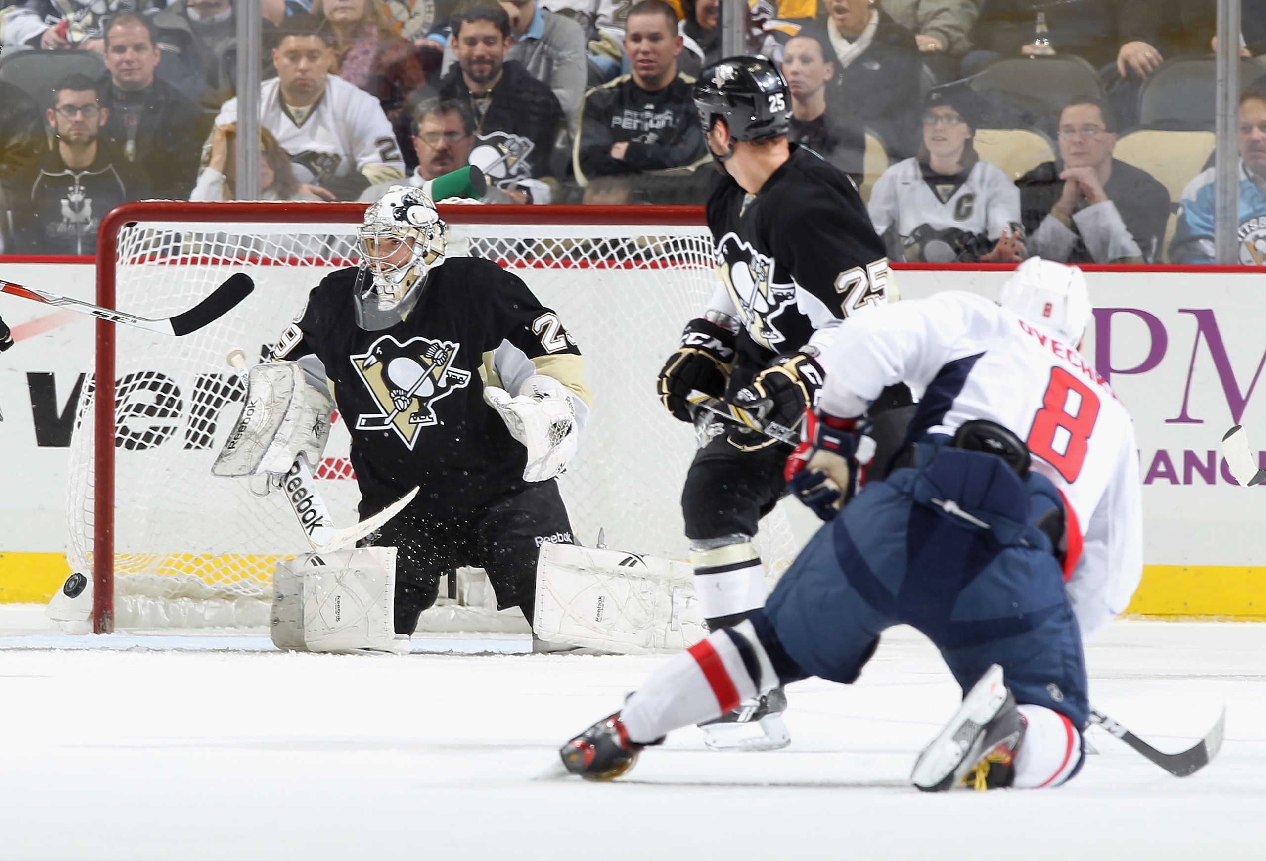 PITTSBURGH, PA - FEBRUARY 21:  Goaltender Marc-Andre Fleury #29 of the Pittsburgh Penguins reacts after Alex Ovechkin #8 of the Washington Capitals scored a second period power play goal during the NHL game at Consol Energy Center on February 21, 2011 in