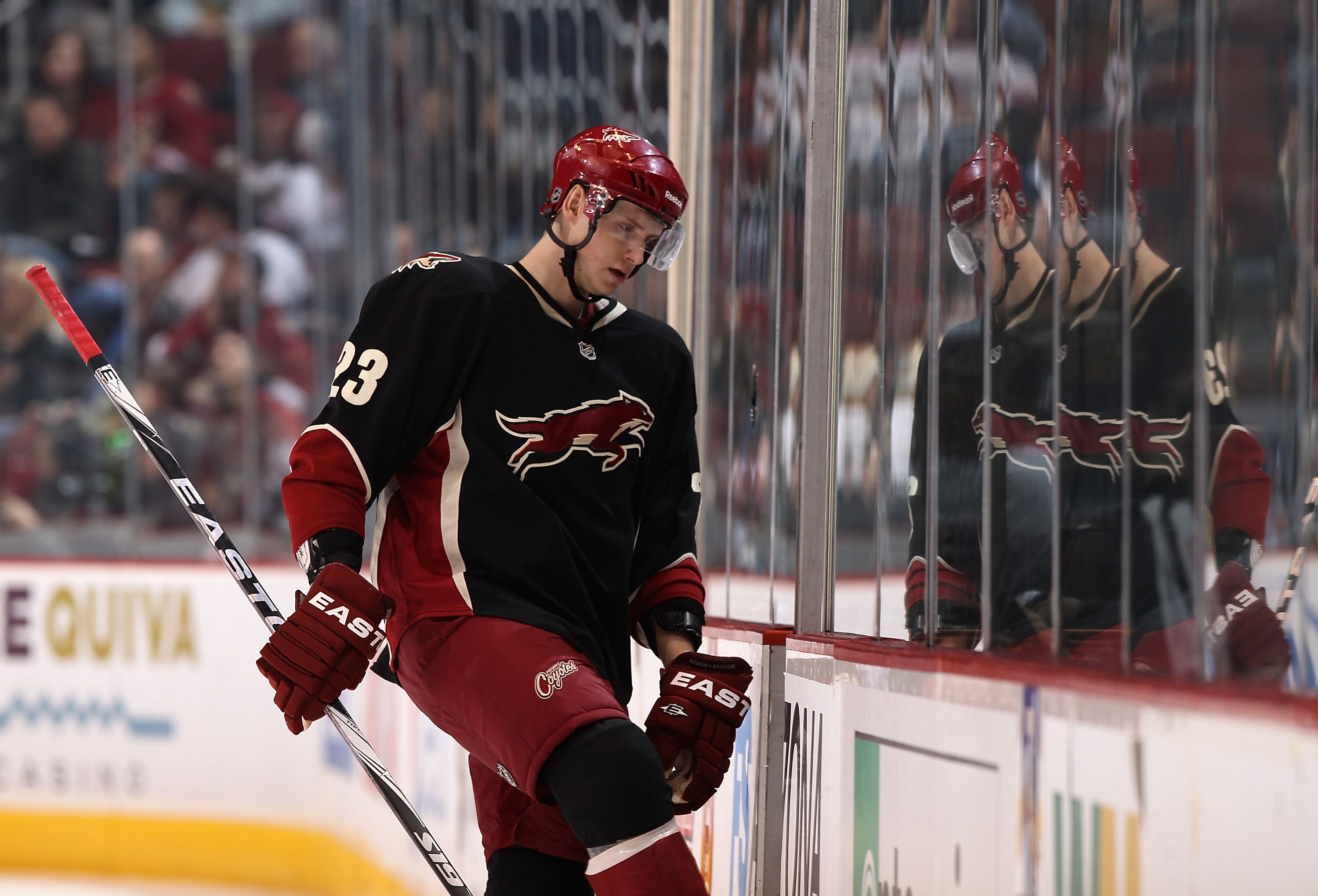 GLENDALE, AZ - JANUARY 18:  Oliver Ekman-Larsson #23 of the Phoenix Coyotes skates into the penalty box during the NHL game against the Nashville Predators at Jobing.com Arena on January 18, 2011 in Glendale, Arizona.  The Predators defeated the Coyotes 5