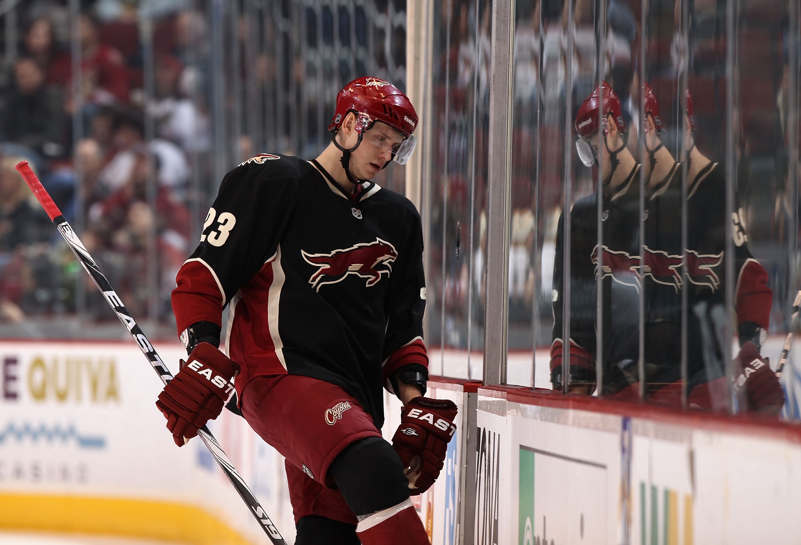 GLENDALE, AZ - JANUARY 18:  Oliver Ekman-Larsson #23 of the Phoenix Coyotes skates into the penalty box during the NHL game against the Nashville Predators at Jobing.com Arena on January 18, 2011 in Glendale, Arizona.  The Predators defeated the Coyotes 5