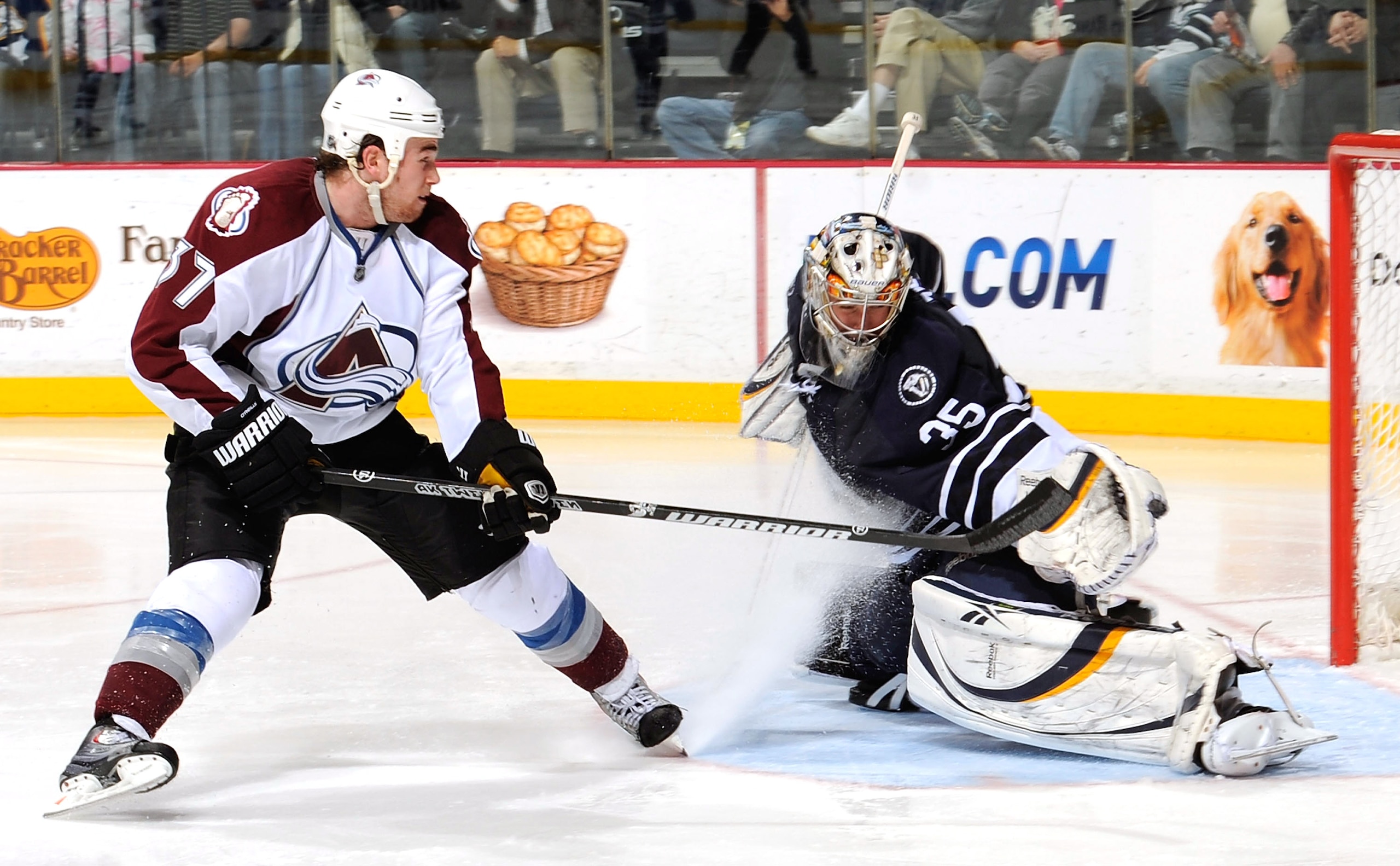 NASHVILLE, TN - MARCH 12:  Goalie Pekka Rinne #35 of the Nashville Predators makes a save on a breakaway shot against Ryan O'Reilly #37 of the Colorado Avalanche on March 12, 2011 at the Bridgestone Arena in Nashville, Tennessee.  (Photo by Frederick Bree