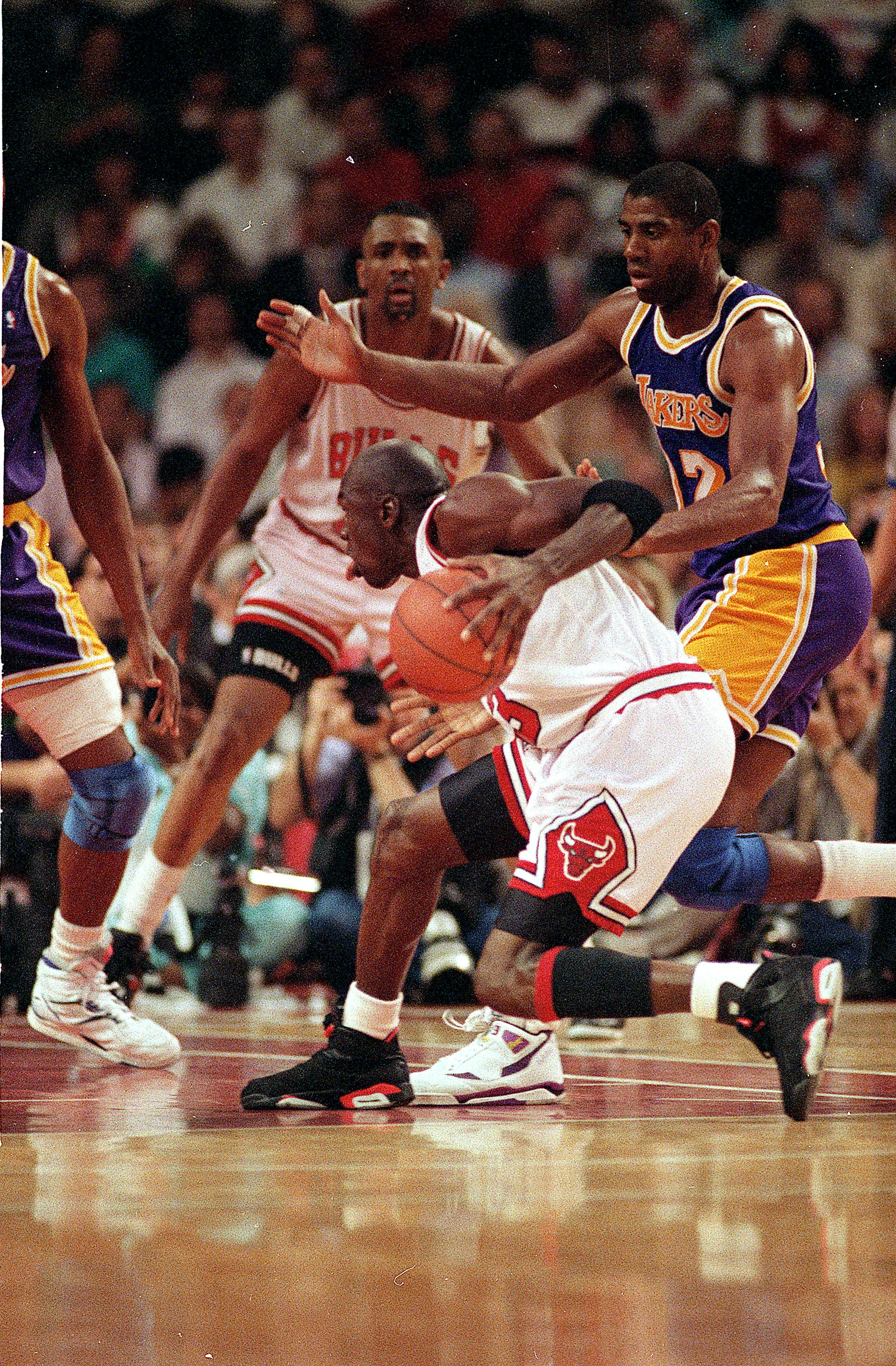 5 Jun 1991:  Michael Jordan #23 of the Chicago Bulls moves with the ball during game two of the NBA Finals. The Bulls defeated the Lakers 107-86.  Mandatory Credit: Allsport  /Allsport