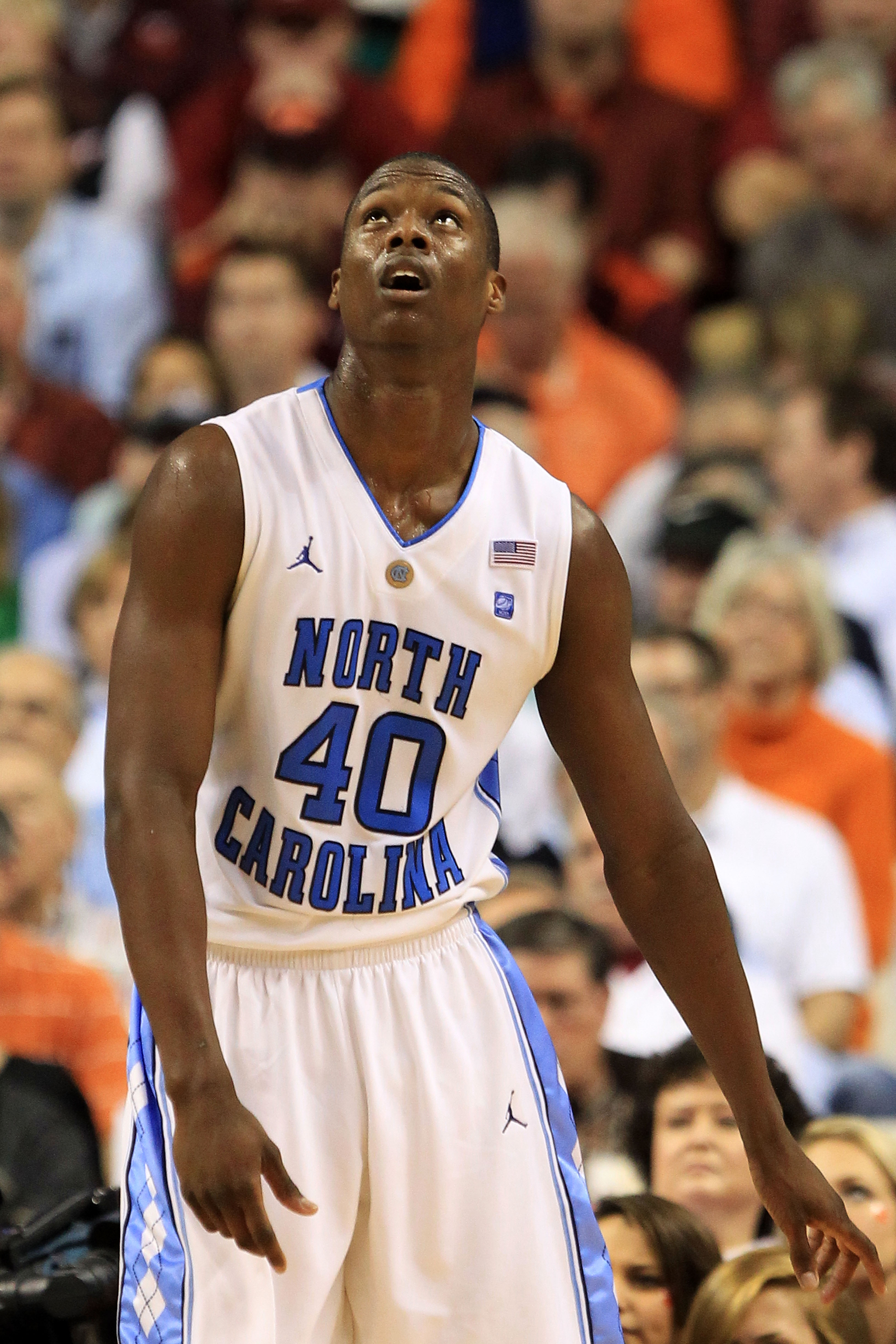 GREENSBORO, NC - MARCH 12:  Harrison Barnes #40 of the North Carolina Tar Heels reacts during the second half against the Clemson Tigers in the semifinals of the 2011 ACC men's basketball tournament at the Greensboro Coliseum on March 12, 2011 in Greensbo