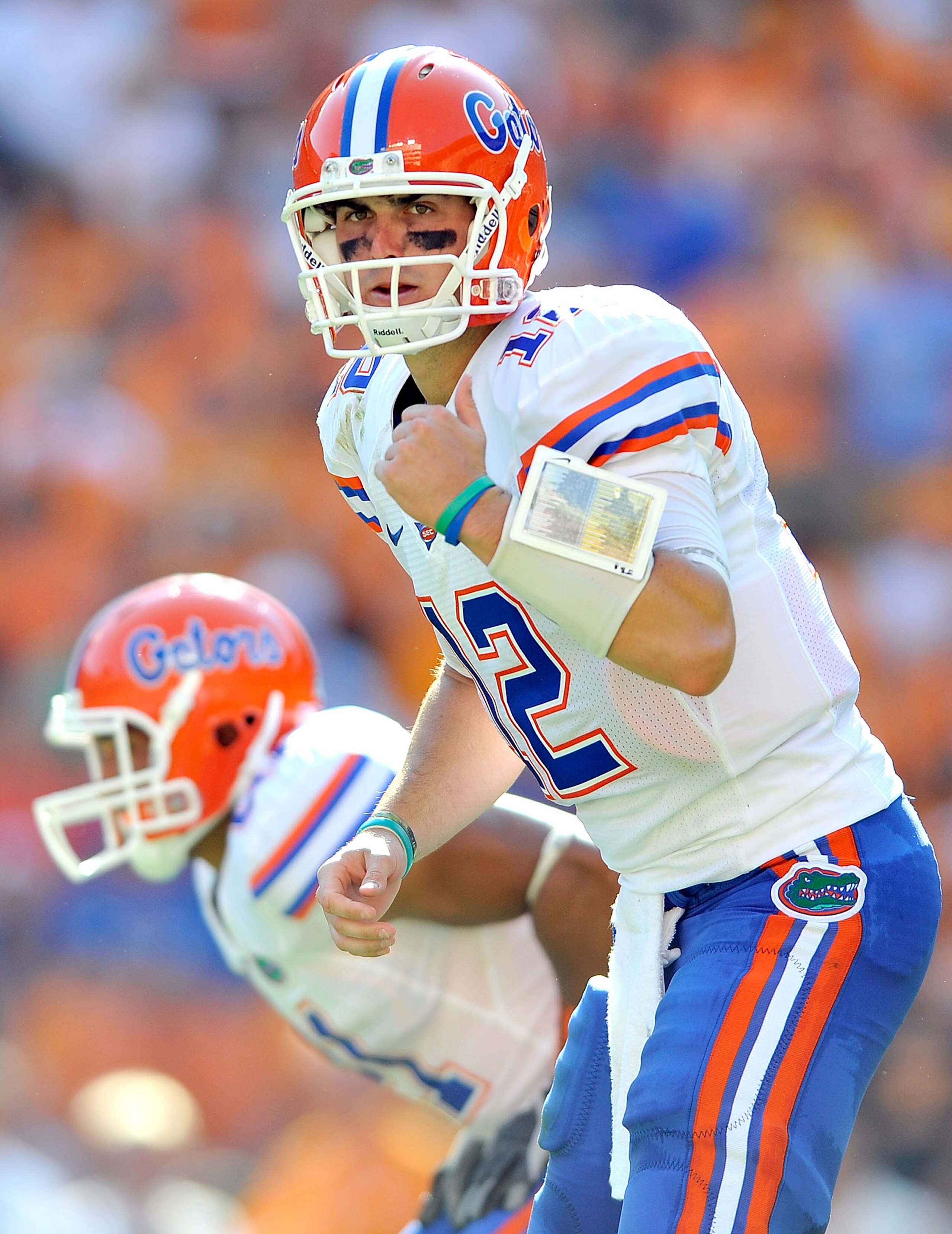 KNOXVILLE, TN - SEPTEMBER 18:  Quarterback John Brantley #12 of the Florida Gators calls an audible against the Tennessee Volunteers at Neyland Stadium on September 18, 2010 in Knoxville, Tennessee.  (Photo by Grant Halverson/Getty Images)