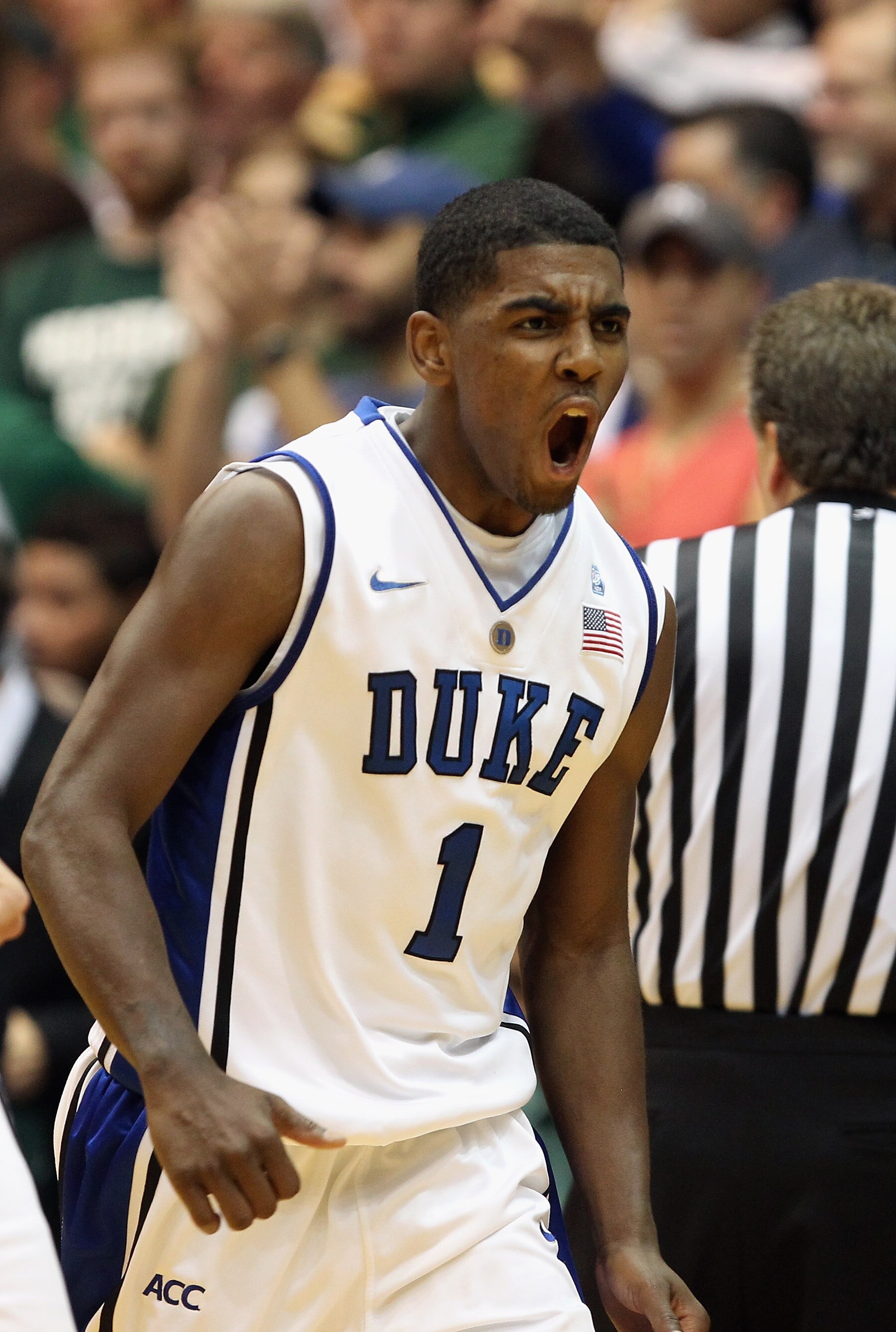 DURHAM, NC - DECEMBER 01:  Kyrie Irving #1 of the Duke Blue Devils celebrates during their game against the Michigan State Spartans at Cameron Indoor Stadium on December 1, 2010 in Durham, North Carolina.  (Photo by Streeter Lecka/Getty Images)