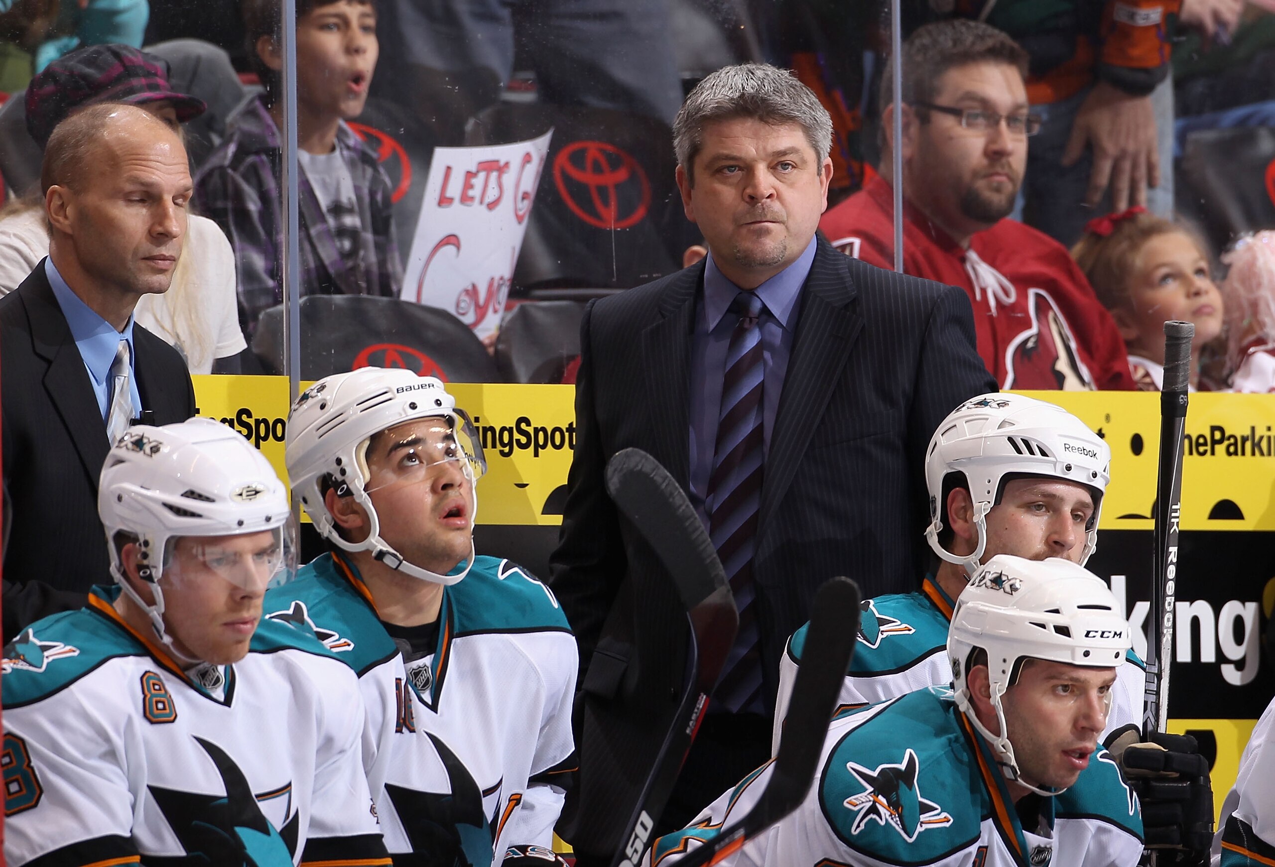 GLENDALE, AZ - JANUARY 17:  Head coach Todd McLellan of the San Jose Sharks watches from the bench during the NHL game against the Phoenix Coyotes at Jobing.com Arena on January 17, 2011 in Glendale, Arizona.  The Sharks defeated the Coyotes 4-2.  (Photo