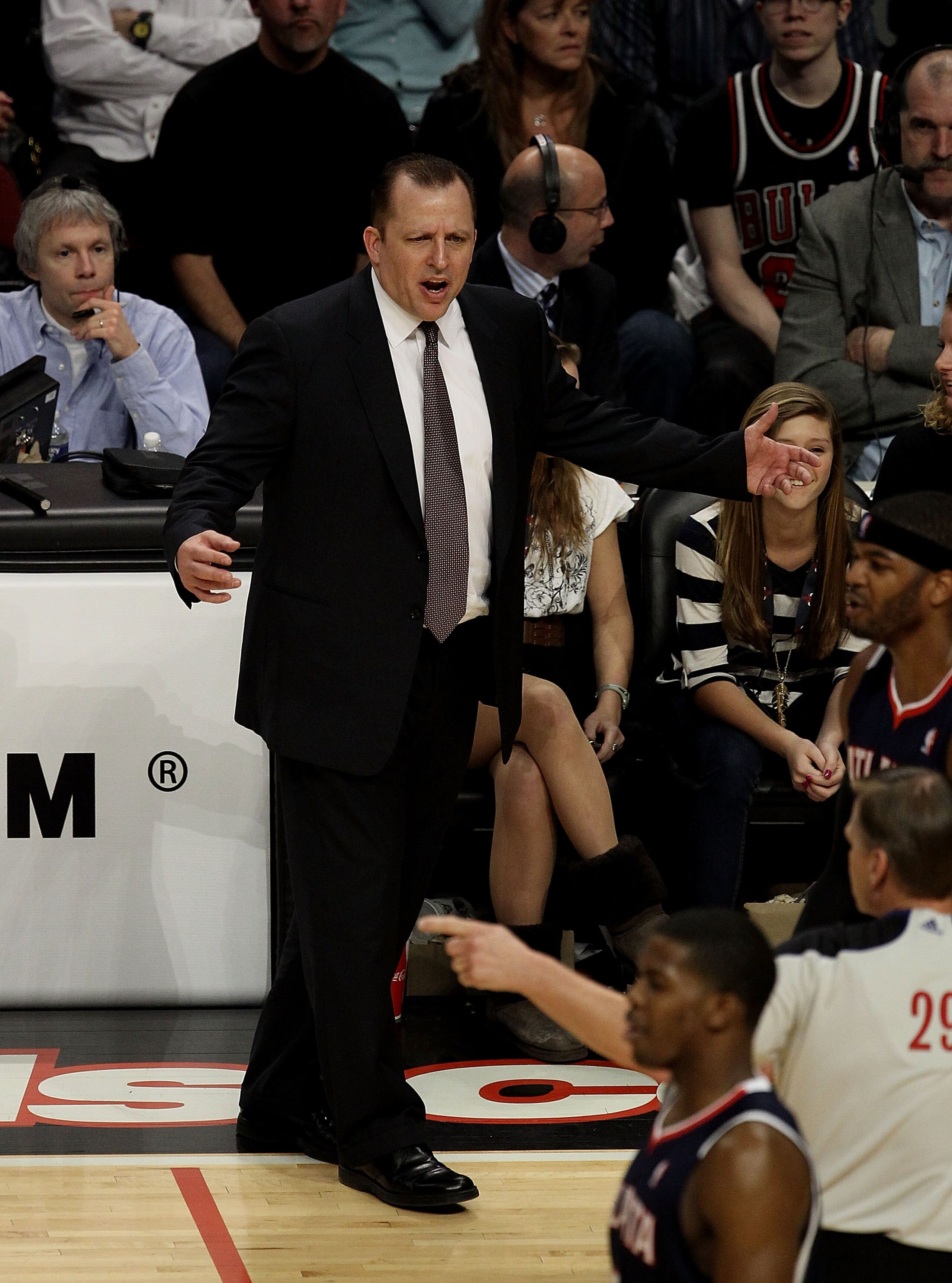 CHICAGO, IL - MARCH 11: Head coach Tom Thibodeau of the Chicago Bulls argues a call with referee Steve Javie #29 during a game against the Atlanta Hawks at the United Center on March 11, 2011 in Chicago, Illinois. The Bulls defeated the Hawks 94-76. NOTE