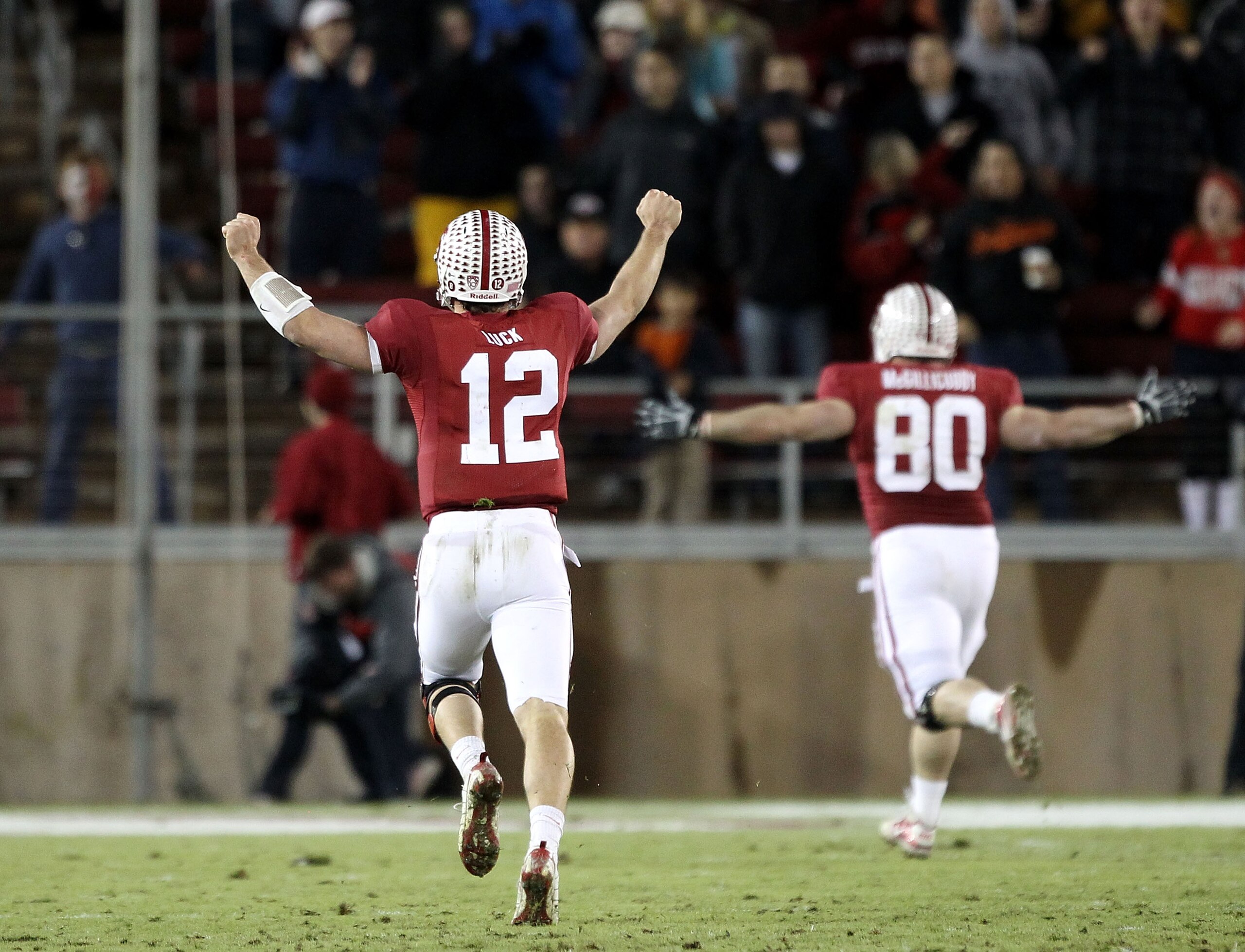 PALO ALTO, CA - NOVEMBER 27:  Andrew Luck #12  of the Stanford Cardinal celebrates after they scored a touchdown during their game against the Oregon State Beavers at Stanford Stadium on November 27, 2010 in Palo Alto, California.  (Photo by Ezra Shaw/Get