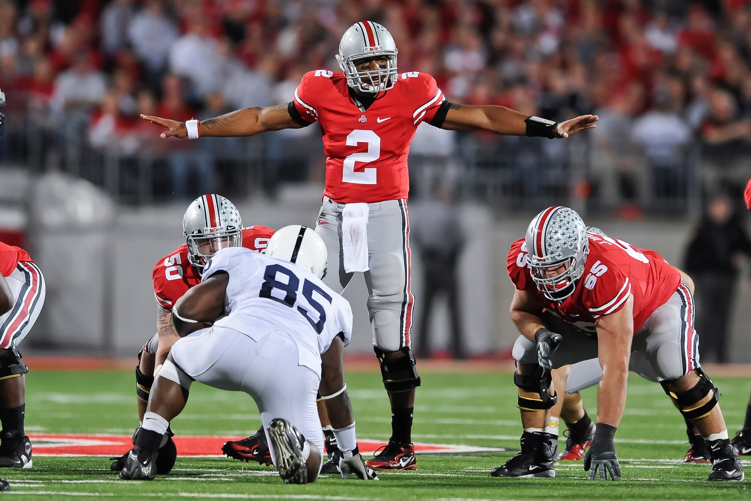 COLUMBUS, OH - NOVEMBER 13:  Quarterback Terrelle Pryor #2 of the Ohio State Buckeyes calls signals at the line against the Penn State Nittany Lions at Ohio Stadium on November 13, 2010 in Columbus, Ohio.  (Photo by Jamie Sabau/Getty Images)