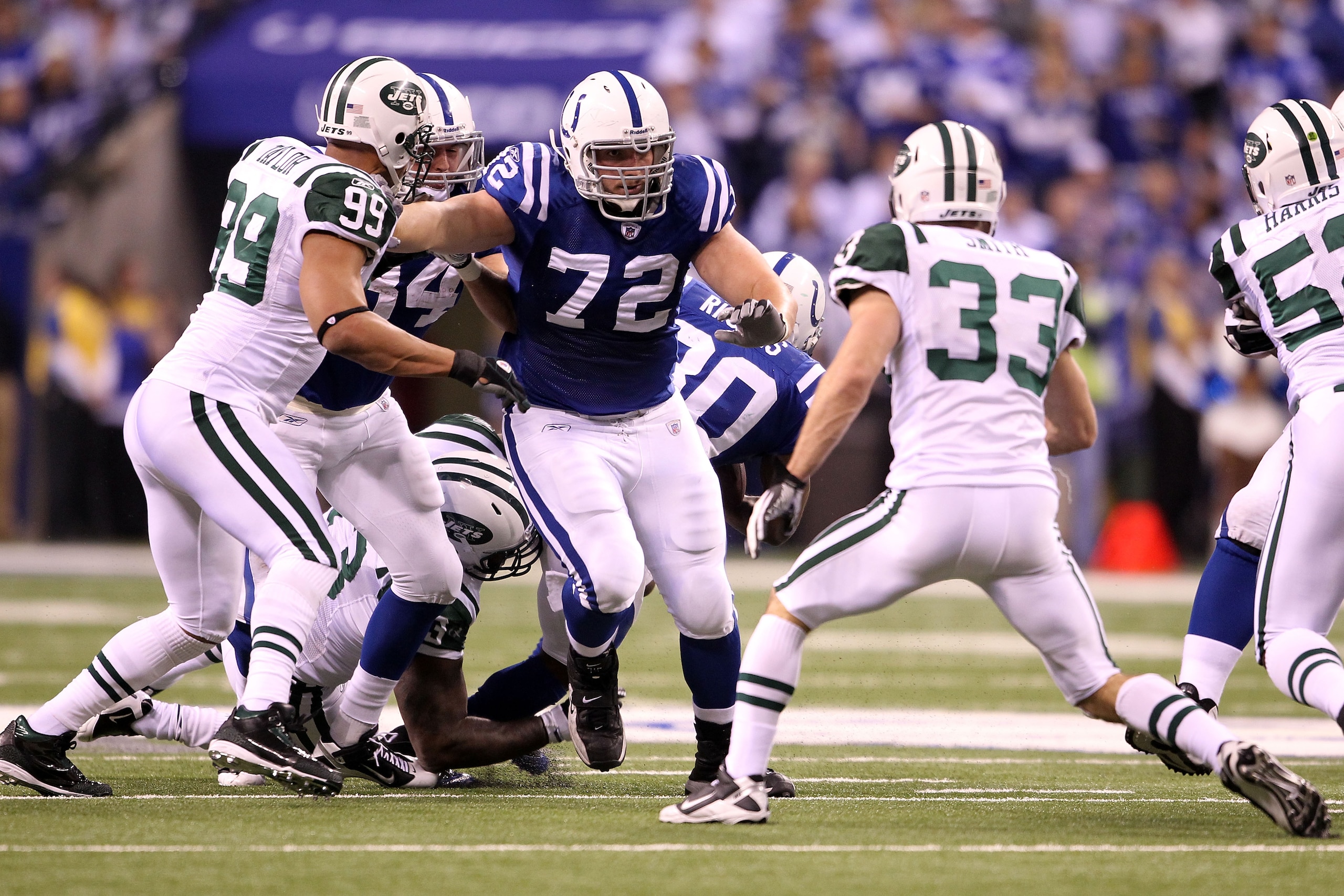 INDIANAPOLIS, IN - JANUARY 08:  Offensive tackle Jeff Linkenbach #72 of the Indianapolis Colts blocks on offense against the New York Jets during their 2011 AFC wild card playoff game at Lucas Oil Stadium on January 8, 2011 in Indianapolis, Indiana.  (Pho
