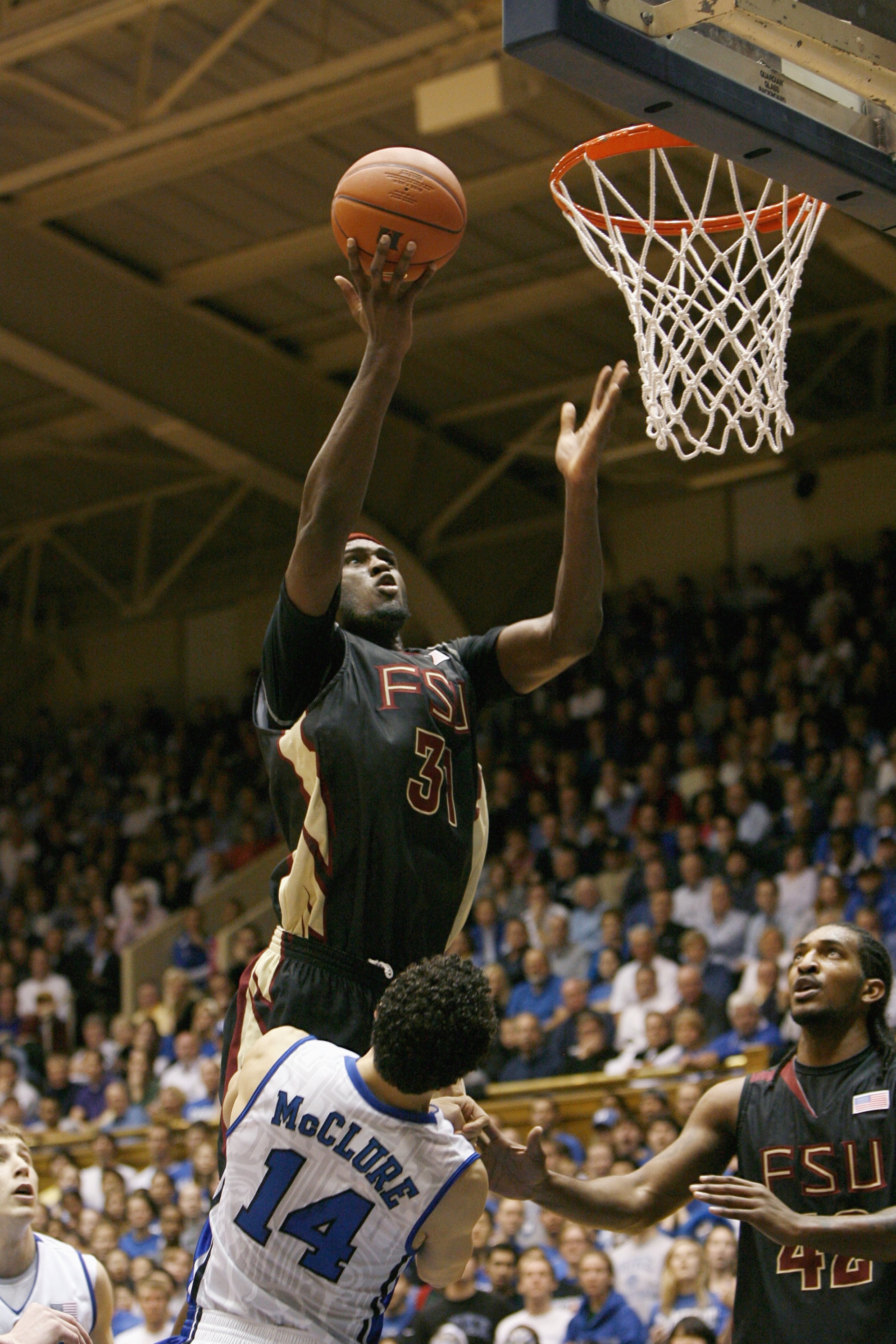 DURHAM, NC - MARCH 03:  Chris Singleton #31 of the Florida State Seminoles puts the ball up against the Duke Blue Devils during the game on March 3, 2009 at Cameron Indoor Stadium in Durham, North Carolina.  (Photo by Kevin C. Cox/Getty Images)