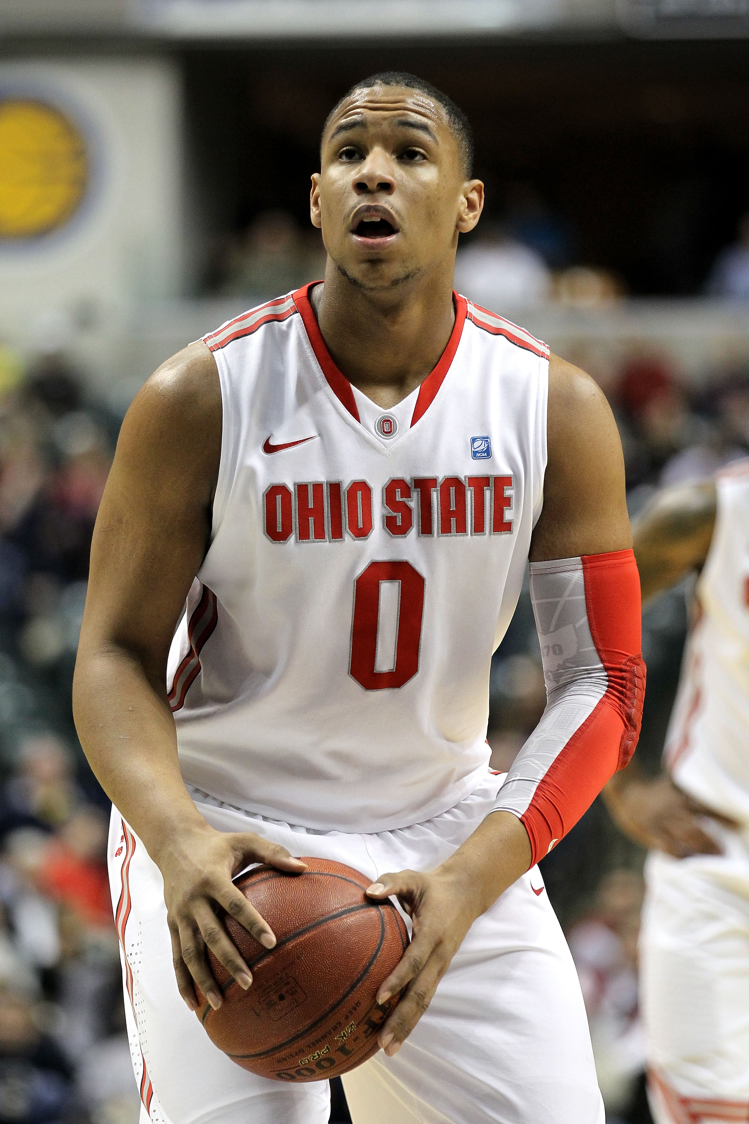INDIANAPOLIS, IN - MARCH 12:  Jared Sullinger #0 of the Ohio State Buckeyes gets set to attempt a free throw against the Michigan Wolverines during the semifinals of the 2011 Big Ten Men's Basketball Tournament at Conseco Fieldhouse on March 12, 2011 in I
