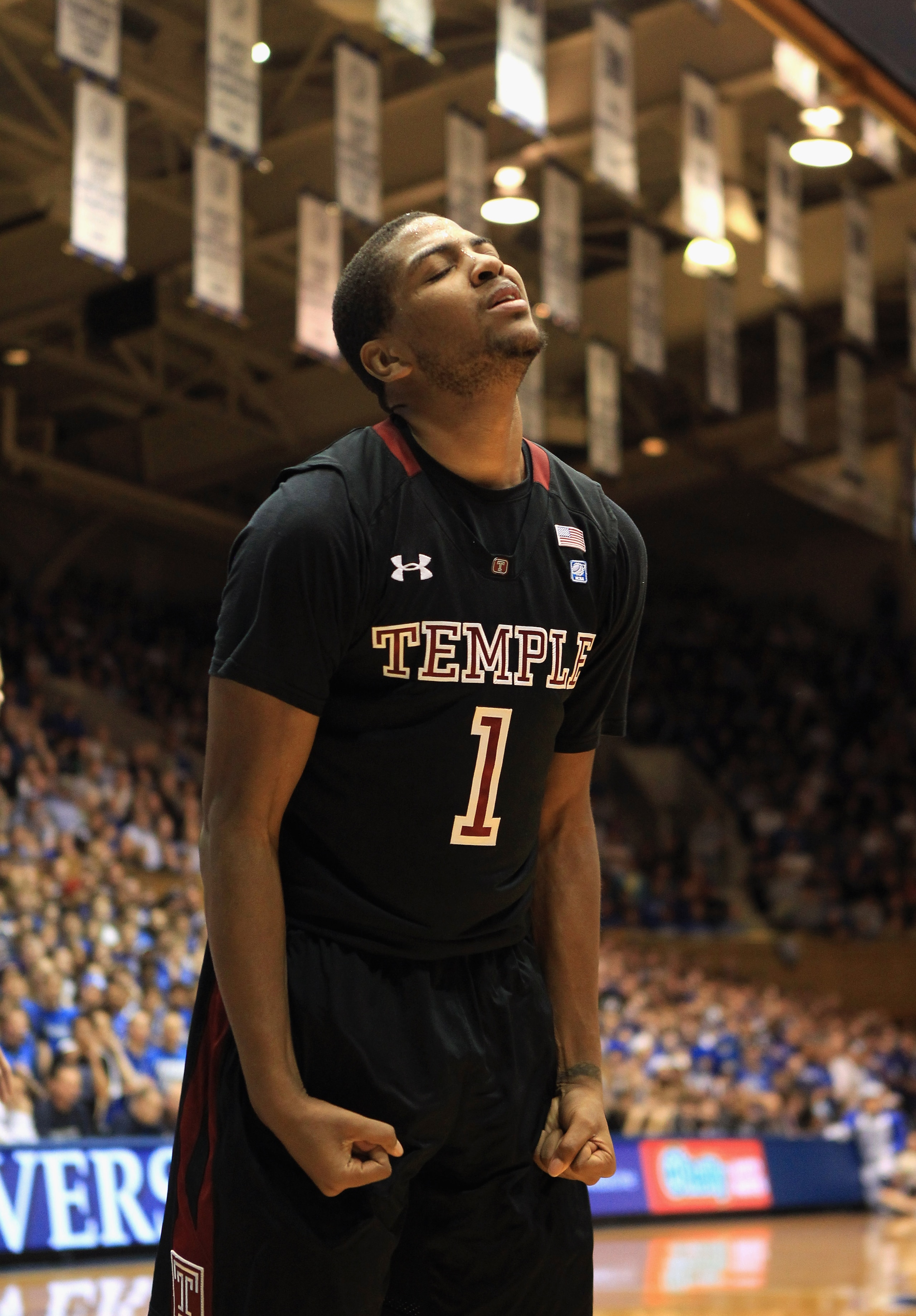 DURHAM, NC - FEBRUARY 23:  Khalif Wyatt #1 of the Temple Owls reacts to a call against the Duke Blue Devils during their game at Cameron Indoor Stadium on February 23, 2011 in Durham, North Carolina.  (Photo by Streeter Lecka/Getty Images)