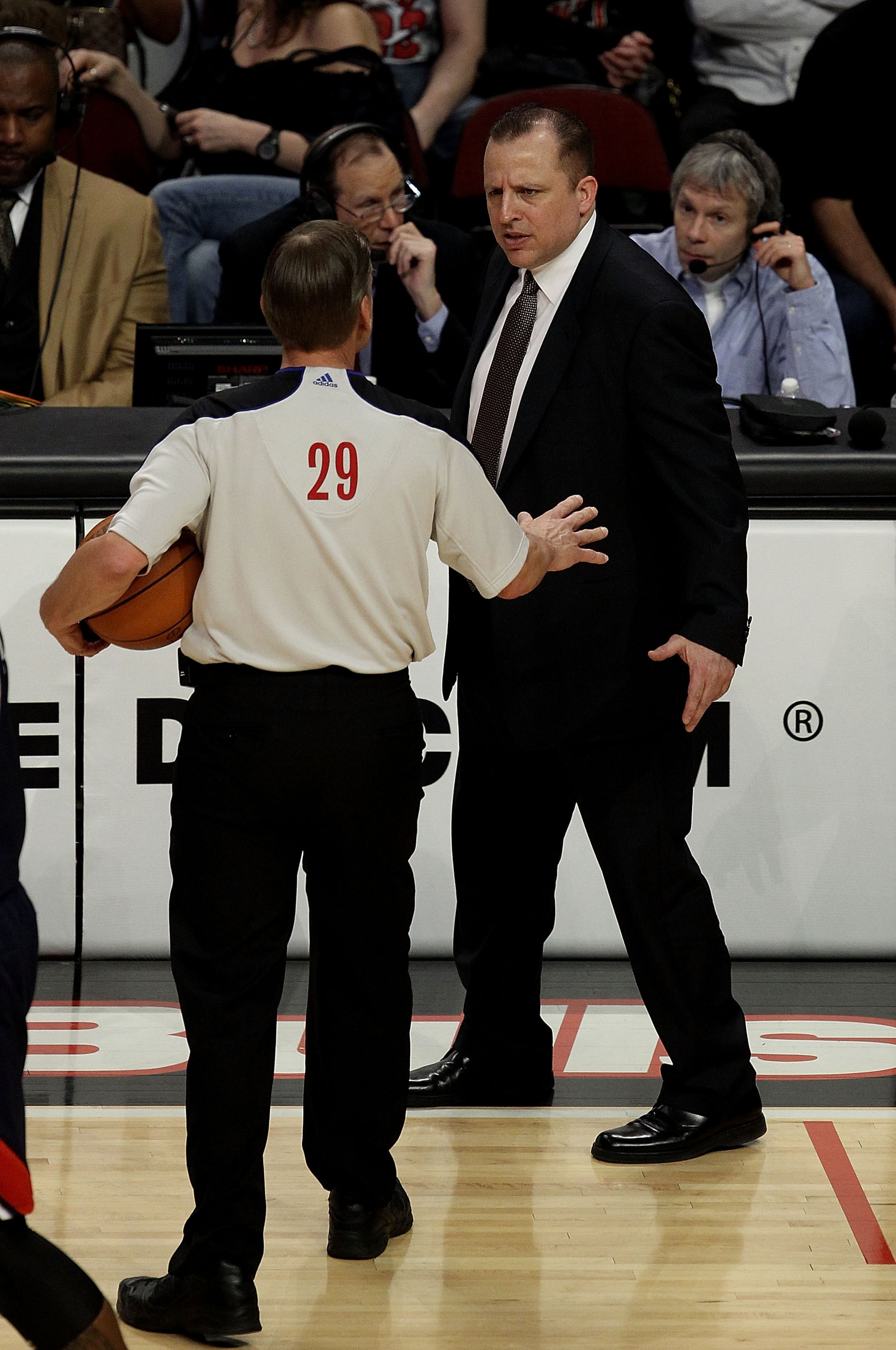 CHICAGO, IL - MARCH 11: Head coach Tom Thibodeau of the Chicago Bulls argues a call with referee Steve Javie #29 during a game against the Atlanta Hawks at the United Center on March 11, 2011 in Chicago, Illinois. The Bulls defeated the Hawks 94-76. NOTE