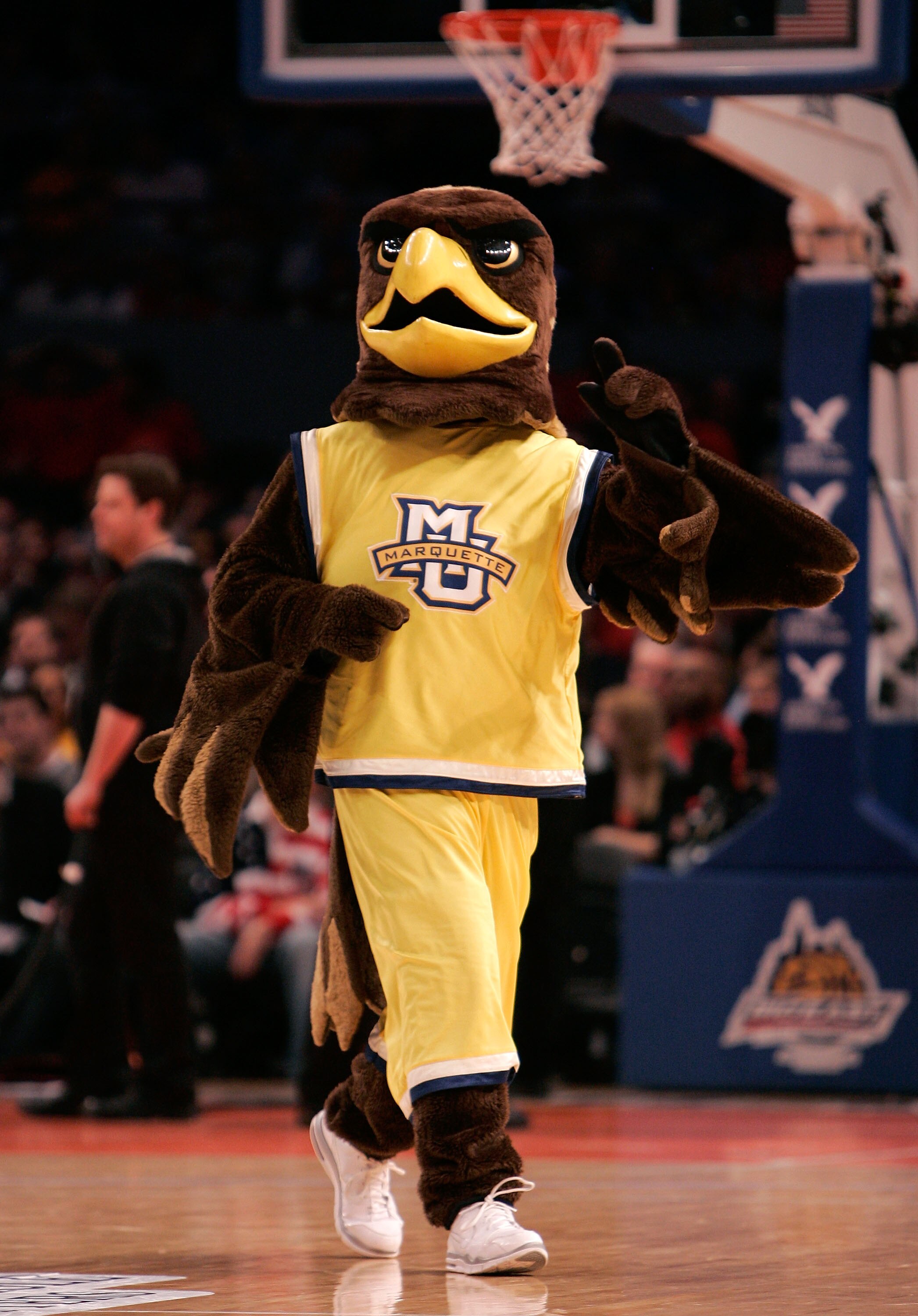 NEW YORK, NY - MARCH 10:  The Marquette Golden Eagles mascot walks on the court during the game against the Louisville Cardinals during the quarterfinals of the 2011 Big East Men's Basketball Tournament presented by American Eagle Outfitters  at Madison S