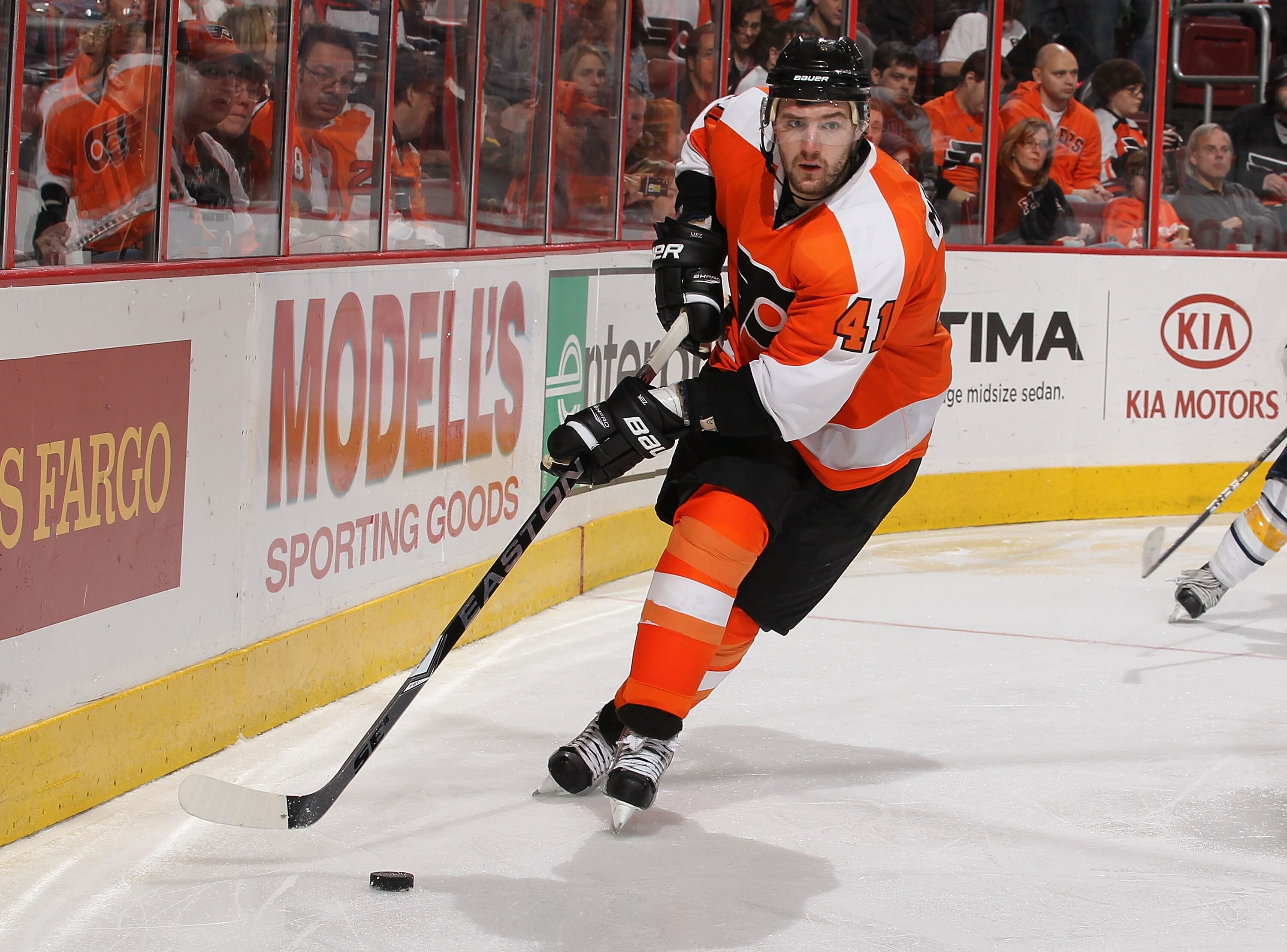 PHILADELPHIA - MARCH 05:  Andrej Meszaros #41 of The Philadelphia Flyers makes a save against the Buffalo Sabres during their game on March 5, 2011 at The Wells Fargo Center in Philadelphia, Pennsylvania.  (Photo by Al Bello/Getty Images)