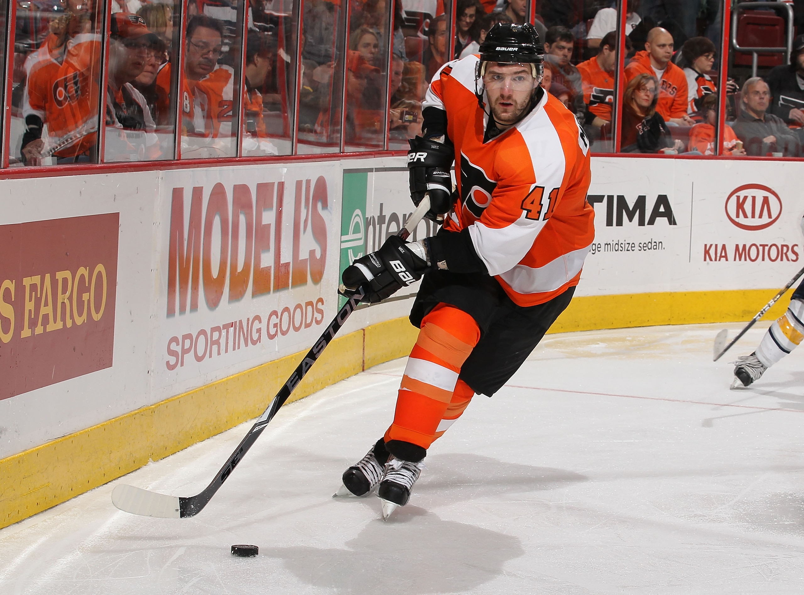 PHILADELPHIA - MARCH 05: Andrej Meszaros #41 of The Philadelphia Flyers makes a save against the Buffalo Sabres during their game on March 5, 2011 at The Wells Fargo Center in Philadelphia, Pennsylvania. (Photo by Al Bello/Getty Images) PHILADELPHIA - MARCH 05: Andrej Meszaros #41 of The Philadelphia Flyers makes a save against the Buffalo Sabres during their game on March 5, 2011 at The Wells Fargo Center in Philadelphia, Pennsylvania. (Photo by Al Bello/Getty Images)