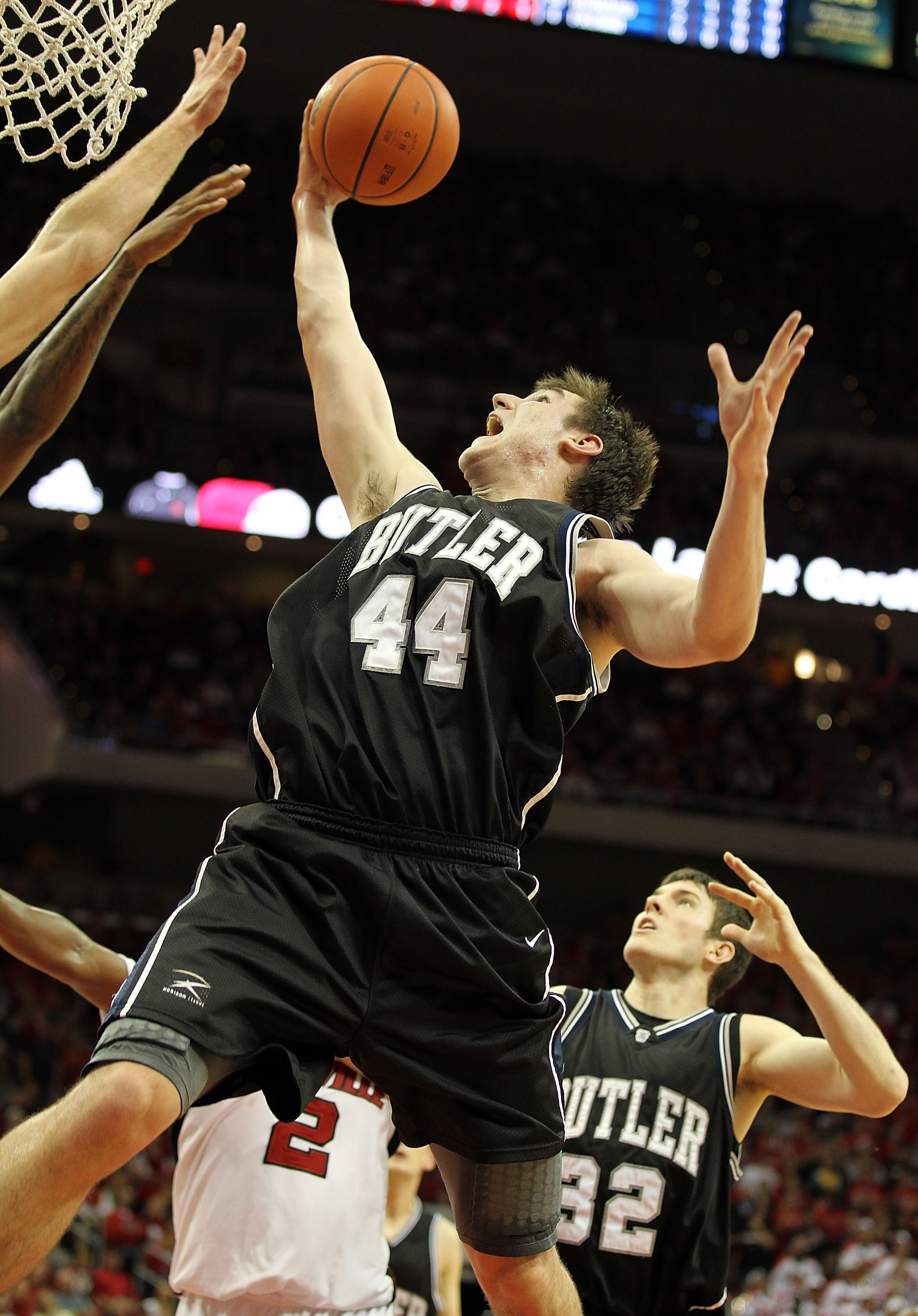 LOUISVILLE, KY - NOVEMBER 16: Matt Howard #54 of the Butler Bulldogs grabs a rebound during the game against the Louisville Cardinals at the KFC Yum! Center on November 16, 2010 in Louisville, Kentucky. (Photo by Andy Lyons/Getty Images)