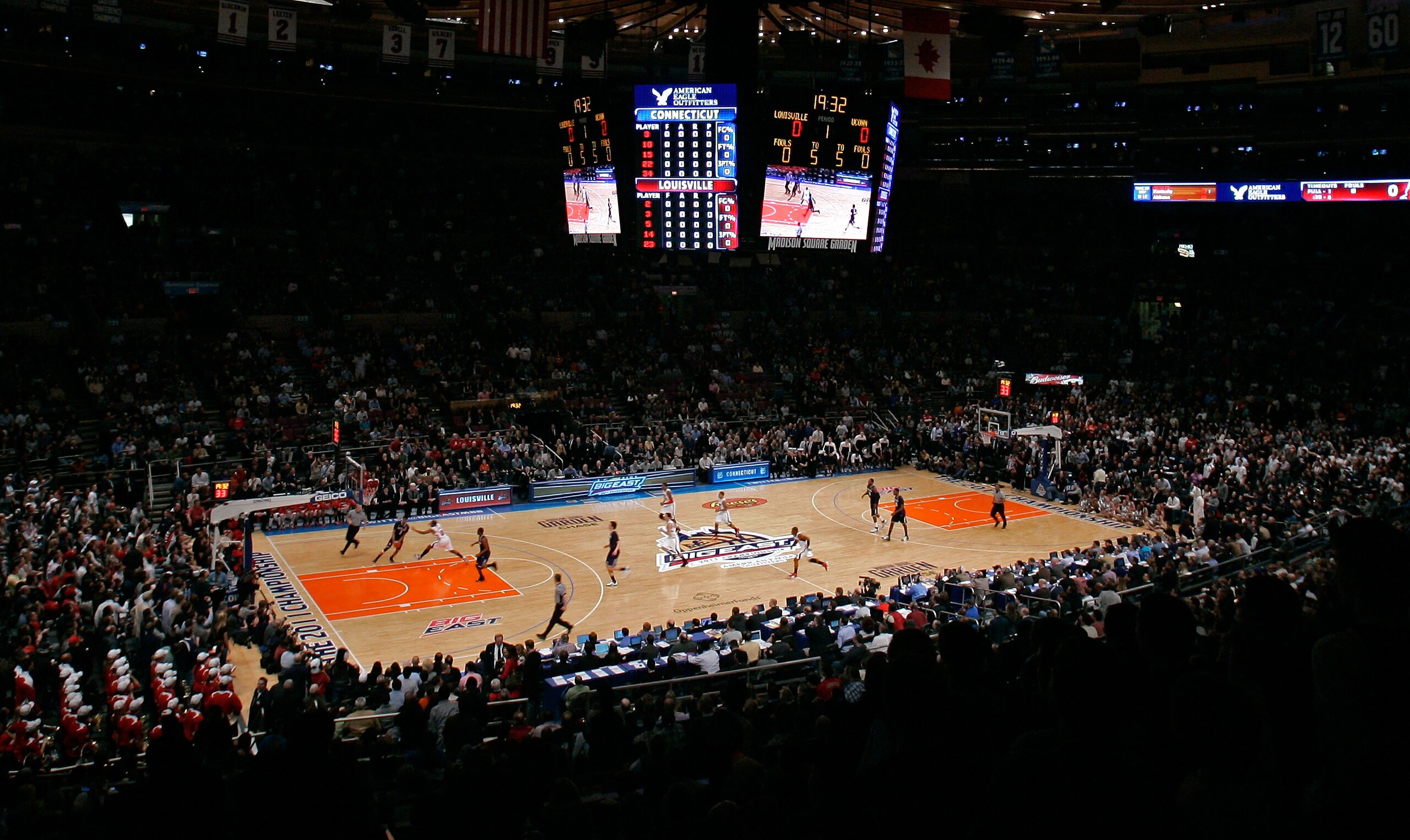 NEW YORK, NY - MARCH 12:  A general view at the opening tip off between the Connecticut Huskies and the Louisville Cardinals during the championship of the 2011 Big East Men's Basketball Tournament presented by American Eagle Outfitters at Madison Square