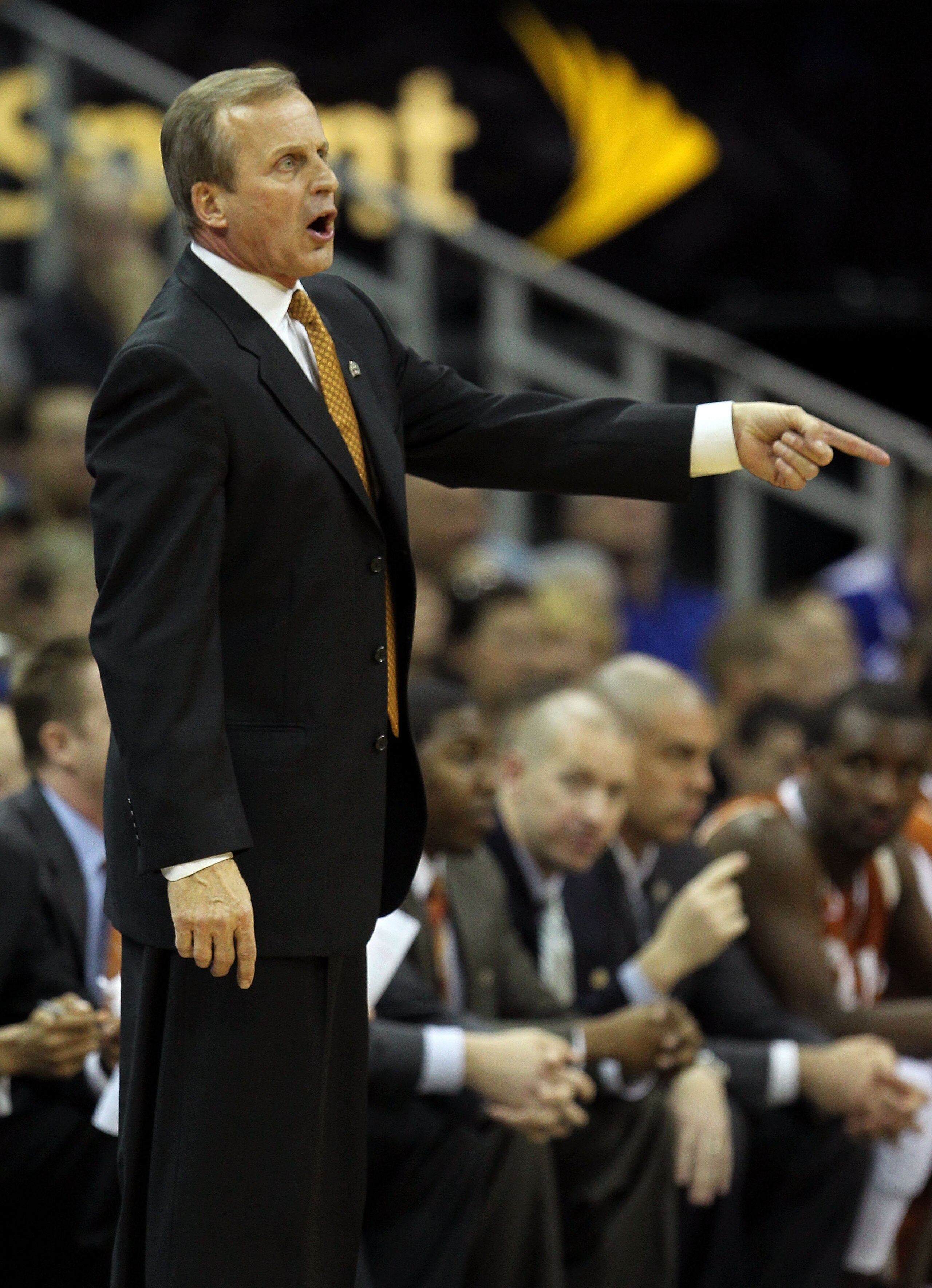 KANSAS CITY, MO - MARCH 12:  Head coach Rick Barnes of the Texas Longhorns looks on against the Kansas Jayhawks during the 2011 Phillips 66 Big 12 Men's Basketball Tournament championship game at Sprint Center on March 12, 2011 in Kansas City, Missouri.  