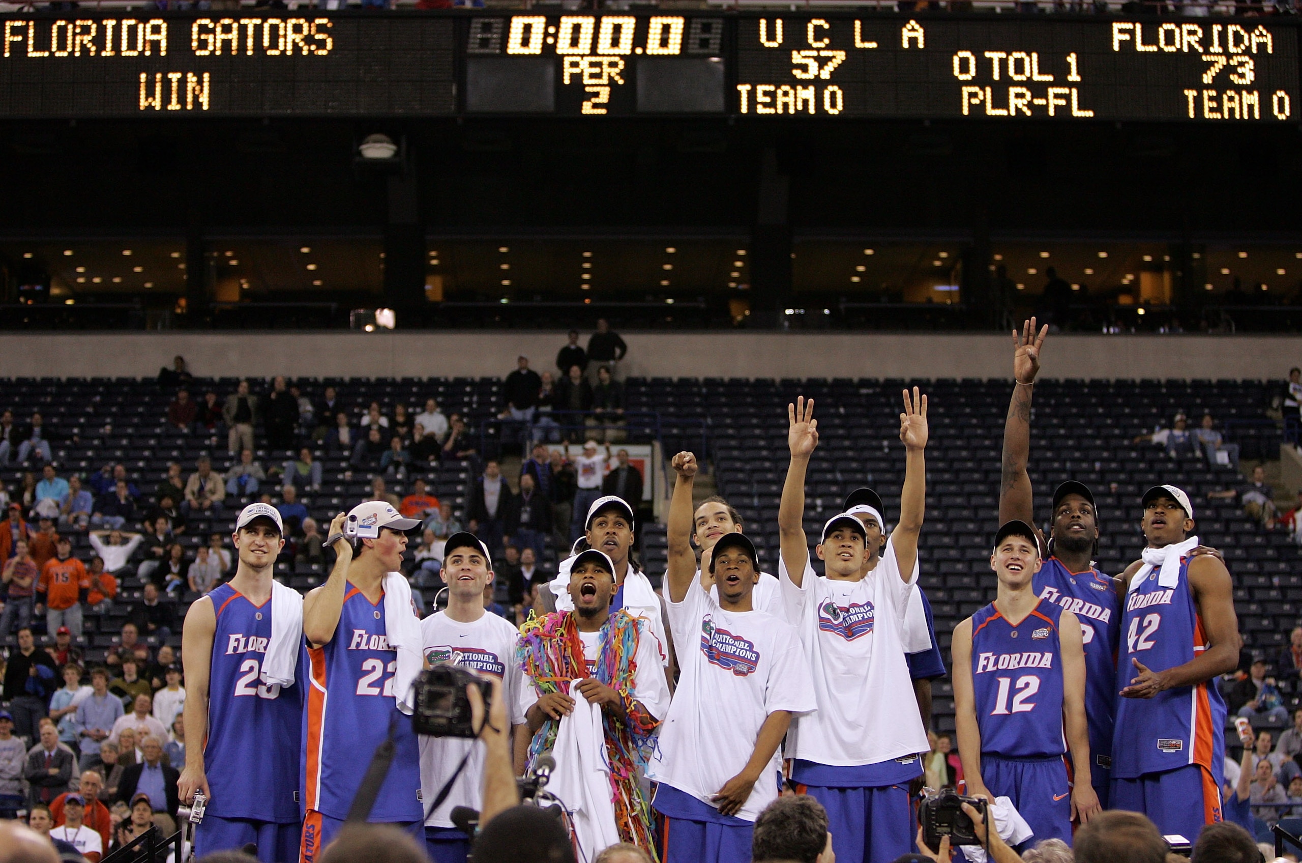 INDIANAPOLIS - APRIL 03:  The Florida Gators celebrate after defeating the UCLA Bruins during the National Championship game of the NCAA Men's Final Four on April 3, 2006 at the RCA Dome in Indianapolis, Indiana. The Gators defeated the Bruins 73-57 to be