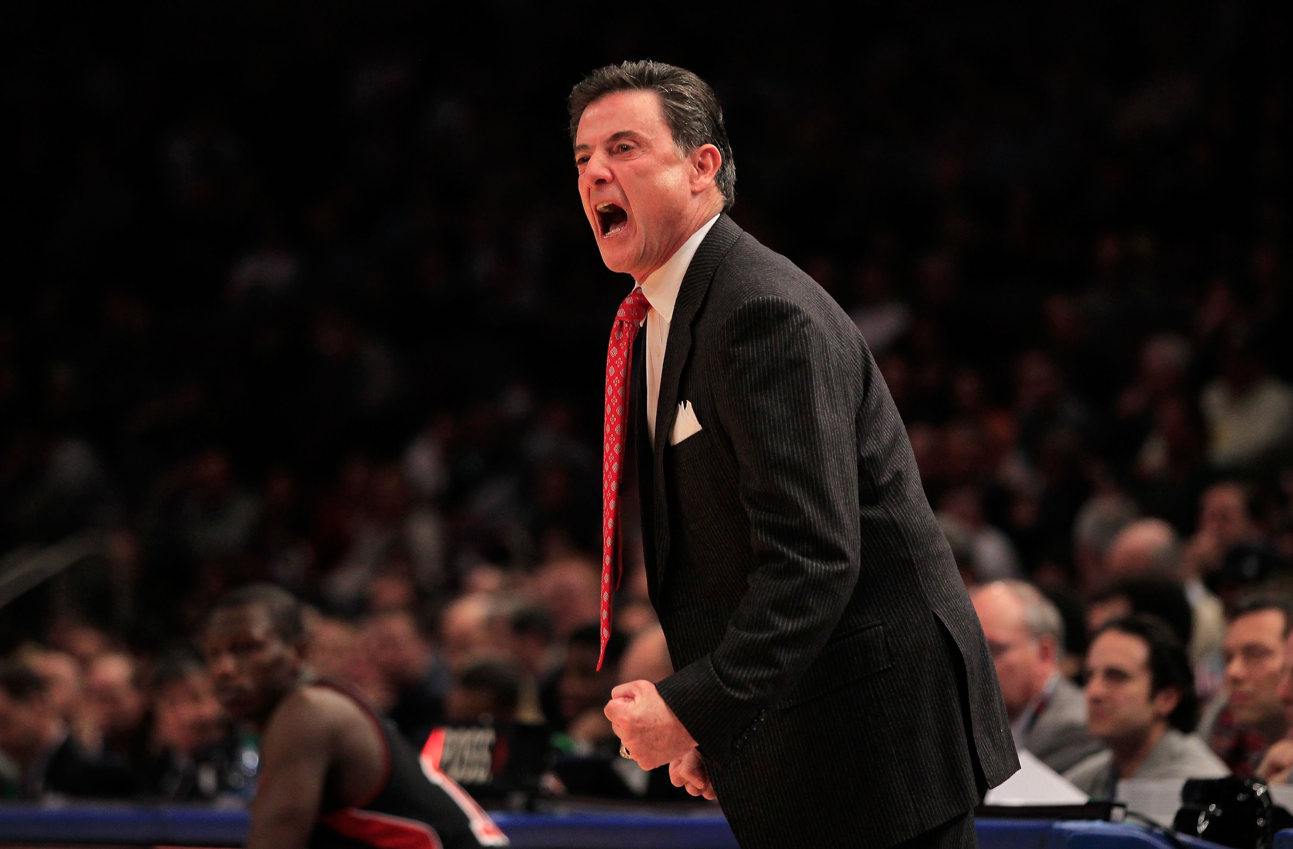 NEW YORK, NY - MARCH 11:  head coach Rick Pitino of the Louisville Cardinals looks on from the bench during the game against the Notre Dame Fighting Irish during the semifinals of the 2011 Big East Men's Basketball Tournament presented by American Eagle O