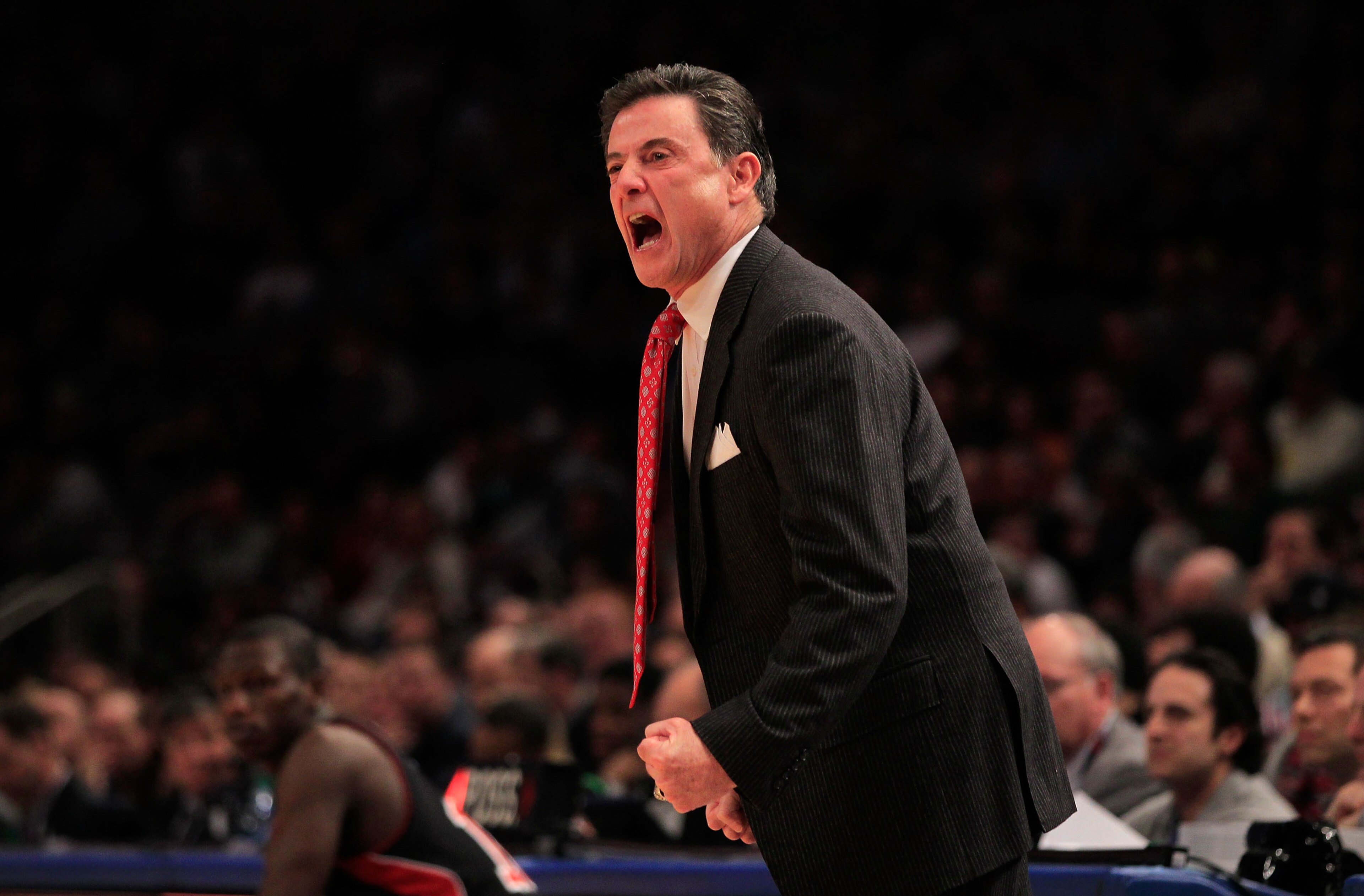 NEW YORK, NY - MARCH 11:  head coach Rick Pitino of the Louisville Cardinals looks on from the bench during the game against the Notre Dame Fighting Irish during the semifinals of the 2011 Big East Men's Basketball Tournament presented by American Eagle O