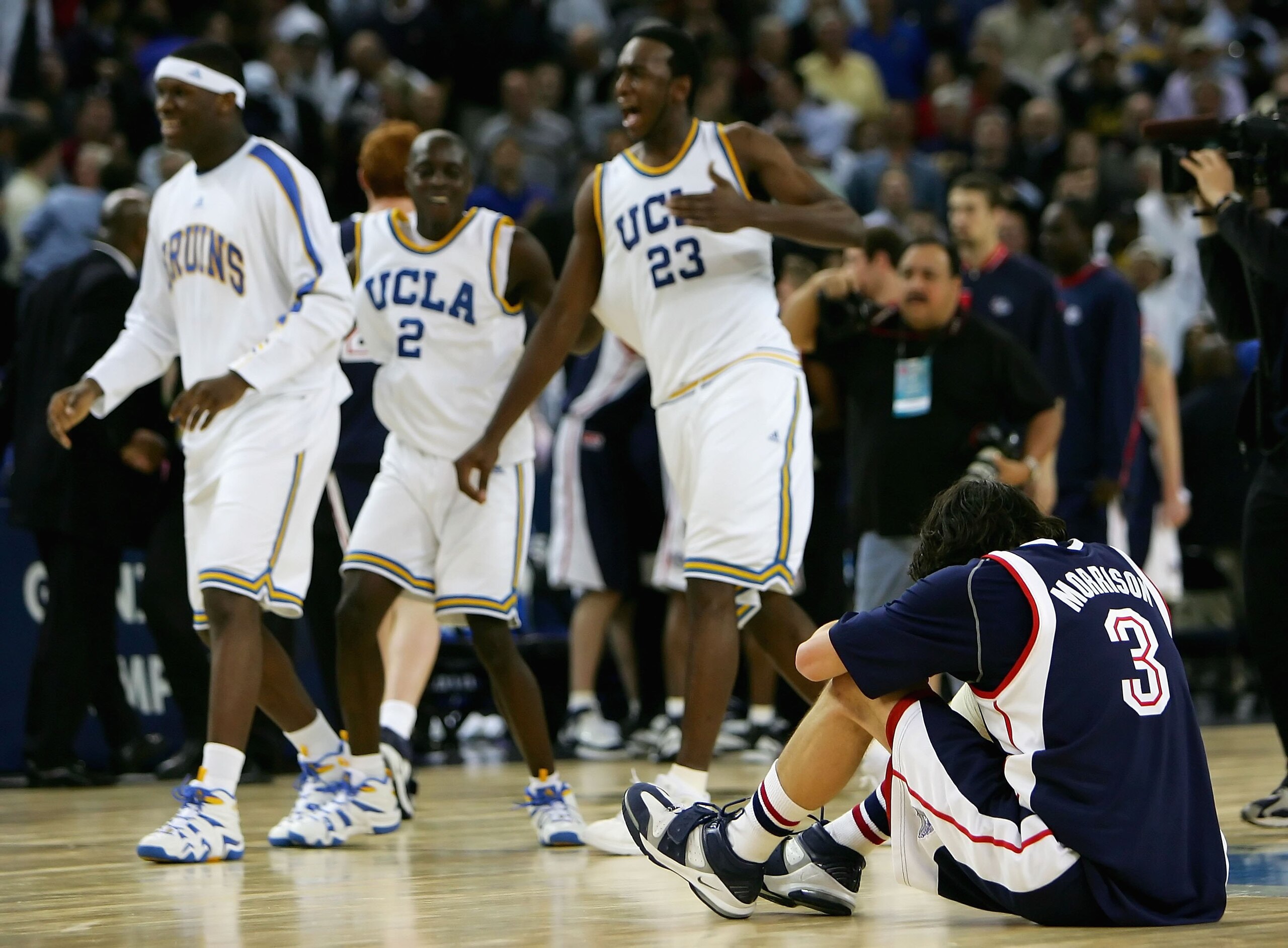 OAKLAND, CA - MARCH 23:  Adam Morrison #3 of the Gonzaga Bulldogs hangs his head after losing to the UCLA Bruins during the third round game of the NCAA Division I Men's Basketball Tournament at the Arena in Oakland on March 23, 2006 in Oakland, Californi