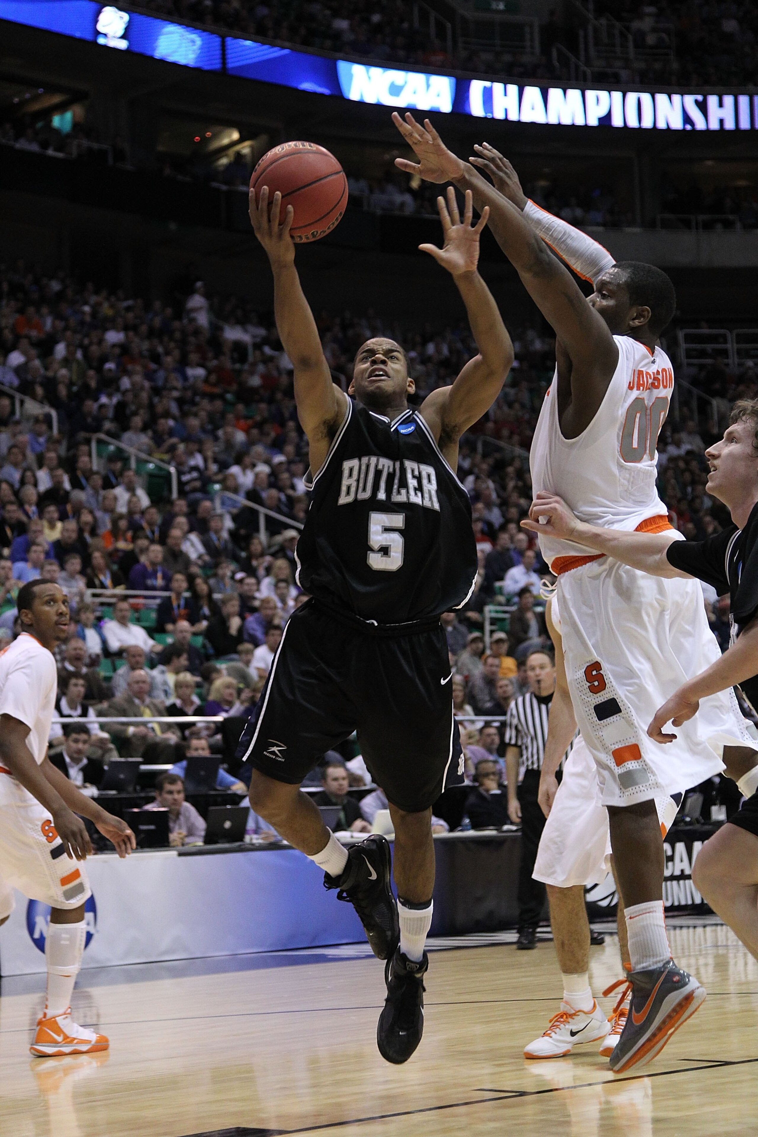 SALT LAKE CITY - MARCH 25:  Ronald Nored #5 of the Butler Bulldogs in action against the Syracuse Orange during the west regional semifinal of the 2010 NCAA men's basketball tournament at the Energy Solutions Arena on March 25, 2010 in Salt Lake City, Uta