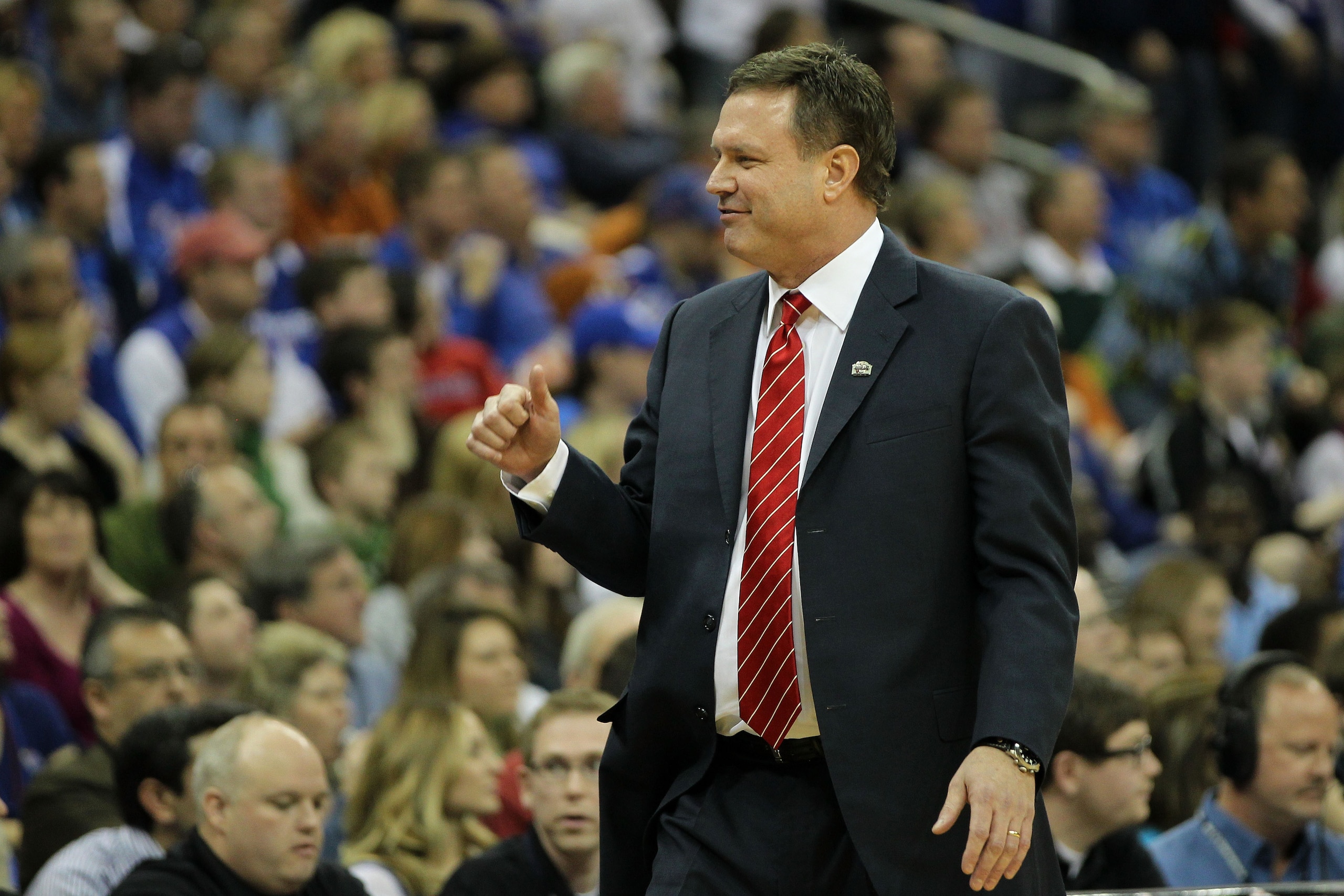 KANSAS CITY, MO - MARCH 12:  Head coach Bill Self of the Kansas Jayhawks looks on against the Texas Longhorns during the 2011 Phillips 66 Big 12 Men's Basketball Tournament championship game at Sprint Center on March 12, 2011 in Kansas City, Missouri.  (P